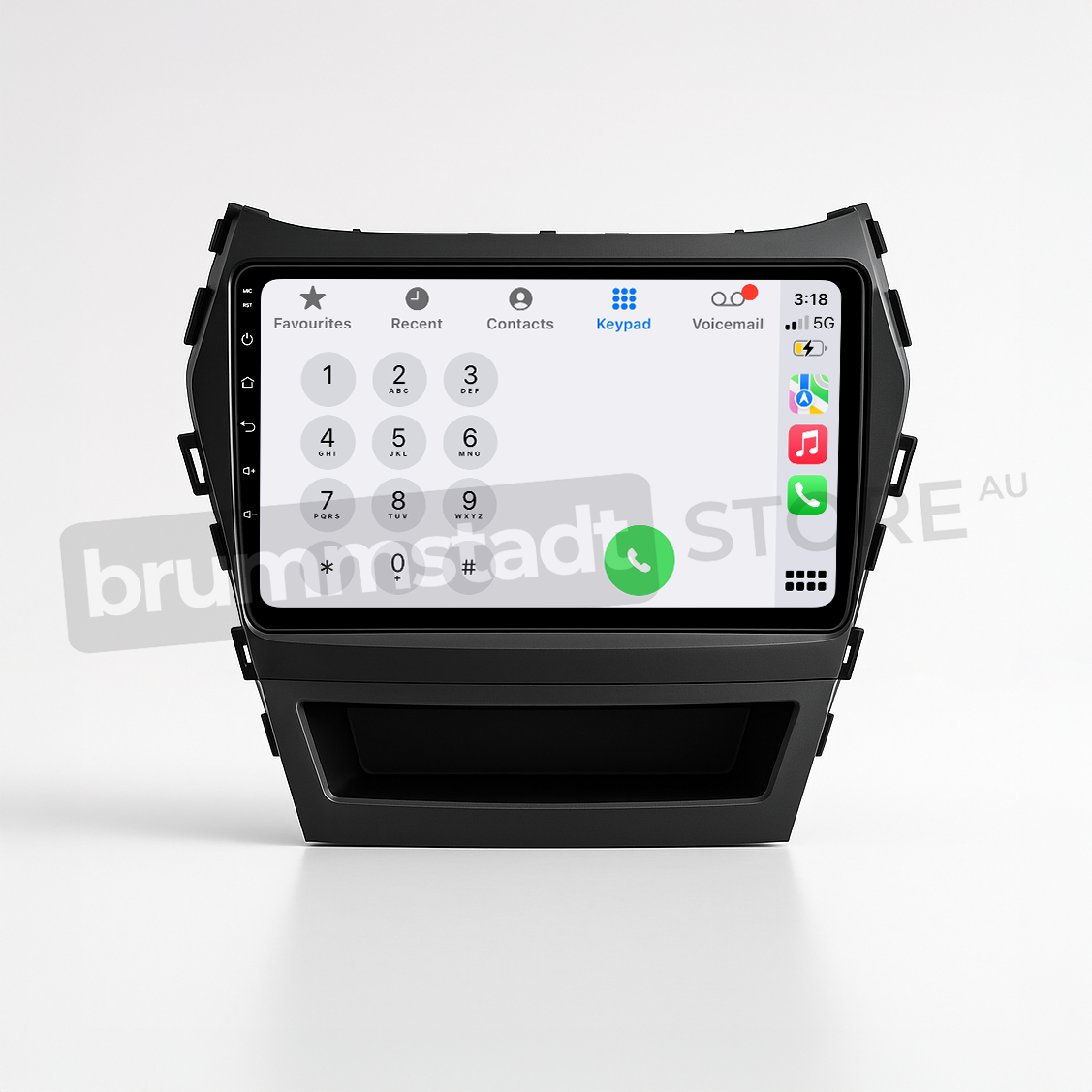 Brummstadt head unit for Hyundai Santa Fe 2013-2018, sleek black design with touchscreen interface, featuring Apple CarPlay showing apps like Phone, Contacts, and Keypad, enhancing communication and navigation capabilities in Hyundai Santa Fe.