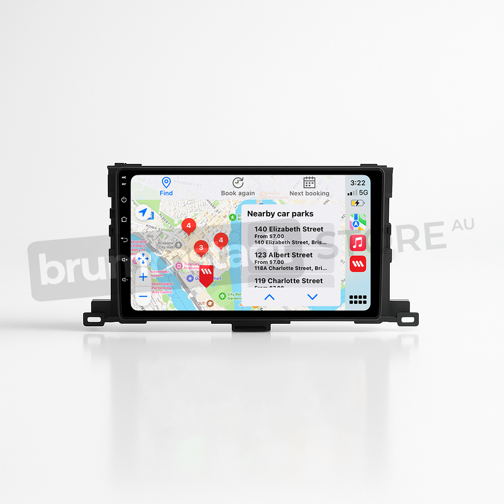 Brummstadt, Toyota Kluger 2014-2019, Apple CarPlay navigation, Google Maps nearby car parks, wired and wireless CarPlay, touchscreen interface, infotainment system upgrade, sleek black bezel, audio control buttons, smartphone connectivity, Kluger dashboard enhancement, dual-zone climate control, modern vehicle electronics.