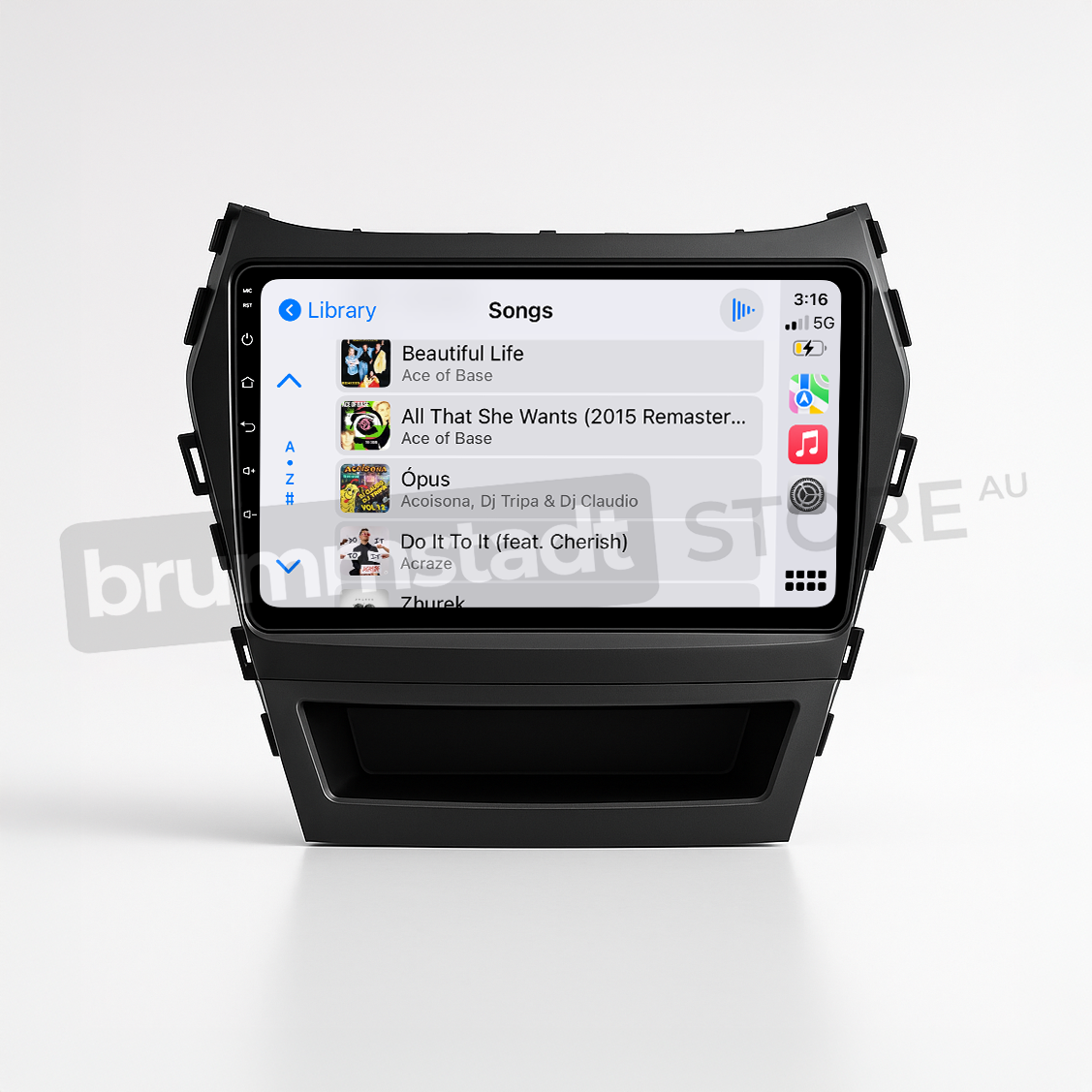 Brummstadt head unit for Hyundai Santa Fe 2013-2018, black frame with touchscreen, Apple CarPlay interface displaying Songs library, recognizable apps like Music, and easy access to volume controls, perfect for navigation and audio in Hyundai Santa Fe vehicles.