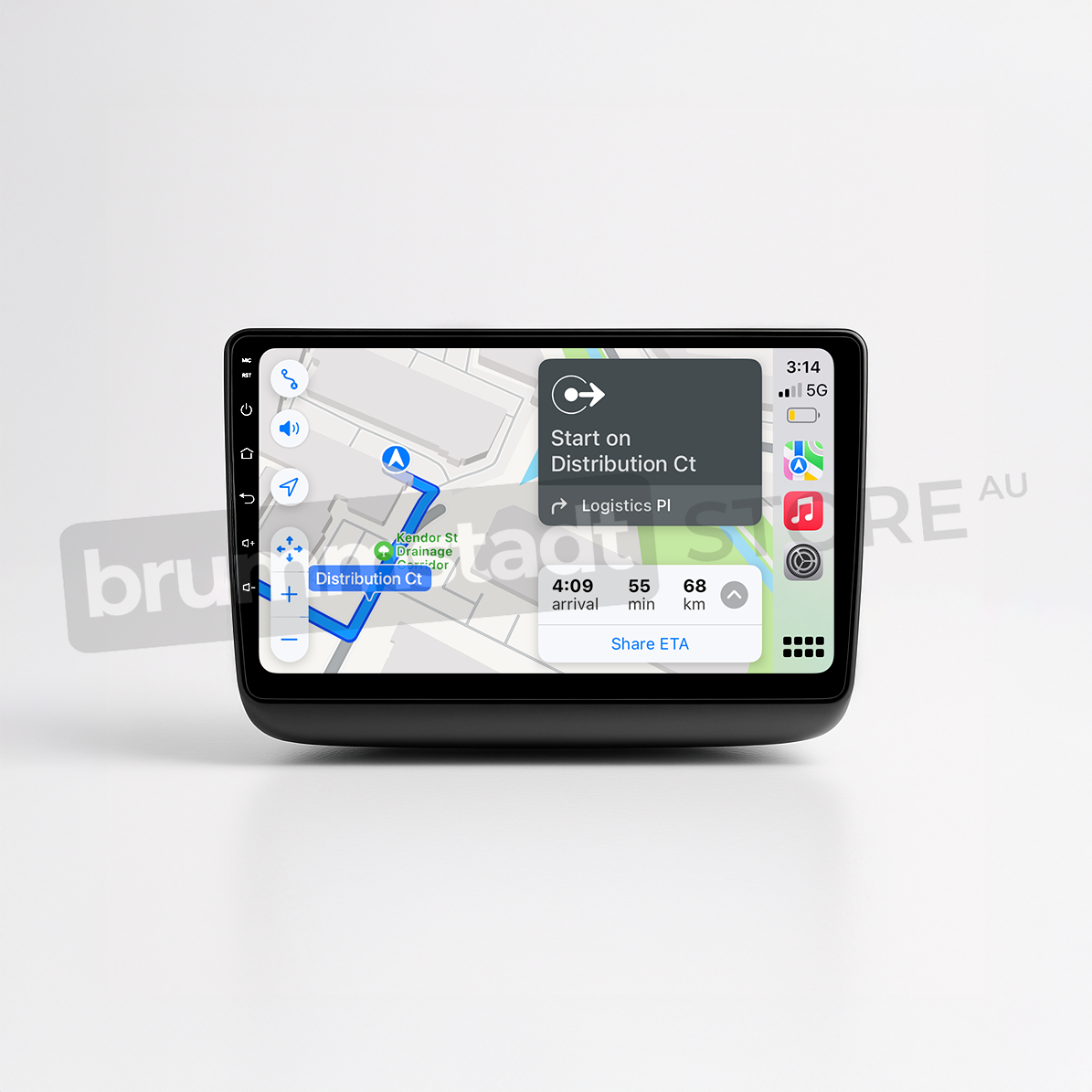 Brummstadt head unit for Jeep Grand Cherokee 2014-2022, black frame with visible Apple CarPlay interface showing Google Maps navigating to Distribution Ct, touchscreen design for user-friendly access to navigation features in Jeep Grand Cherokee.