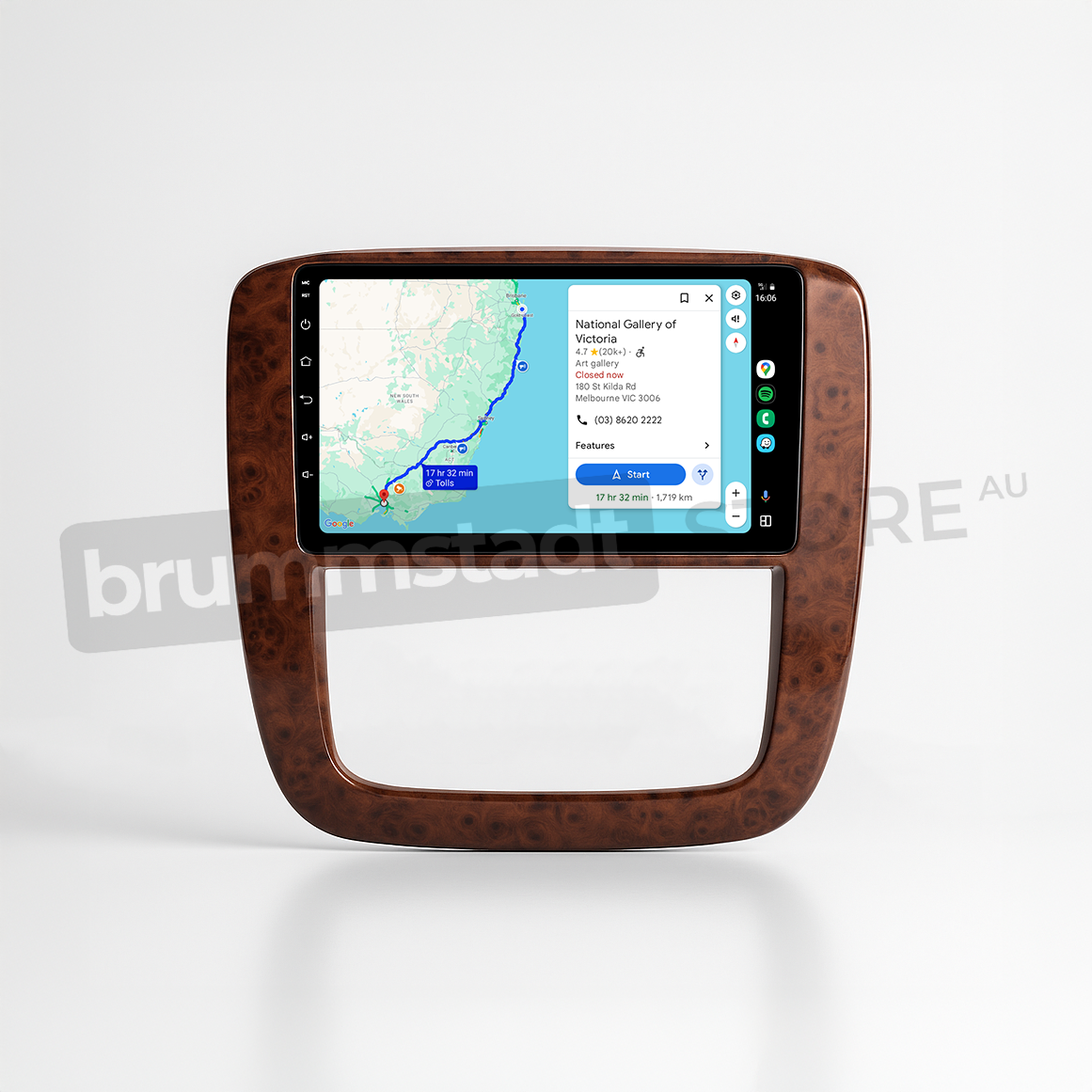 Brummstadt head unit for Chevrolet Silverado 2007-2013, wood grain frame with a large touchscreen, Apple CarPlay interface displaying Google Maps with a route to the National Gallery of Australia, suitable for navigation and location services in Chevrolet Silverado vehicles.