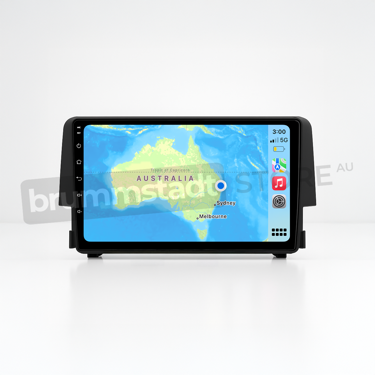 Brummstadt head unit for Honda Civic 2016-2018, black frame with touchscreen interface, displaying Apple CarPlay with Google Maps showing Australia, Sydney, Melbourne, and nearby locations, designed for navigation and infotainment in Honda Civic vehicles.