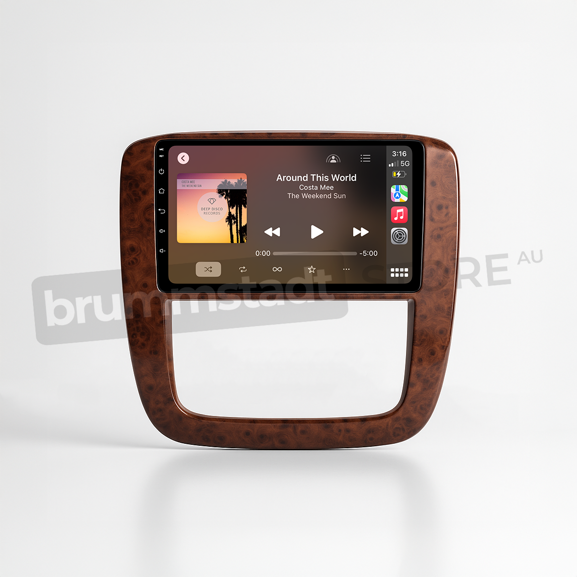 Brummstadt head unit for Chevrolet Silverado 2007-2013, featuring a brown wood finish, touchscreen displaying Apple CarPlay interface with the song "Around This World" by The Weeknd, along with controls for music and navigation apps, perfectly suited for enhanced in-car entertainment in Chevrolet Silverado vehicles.
