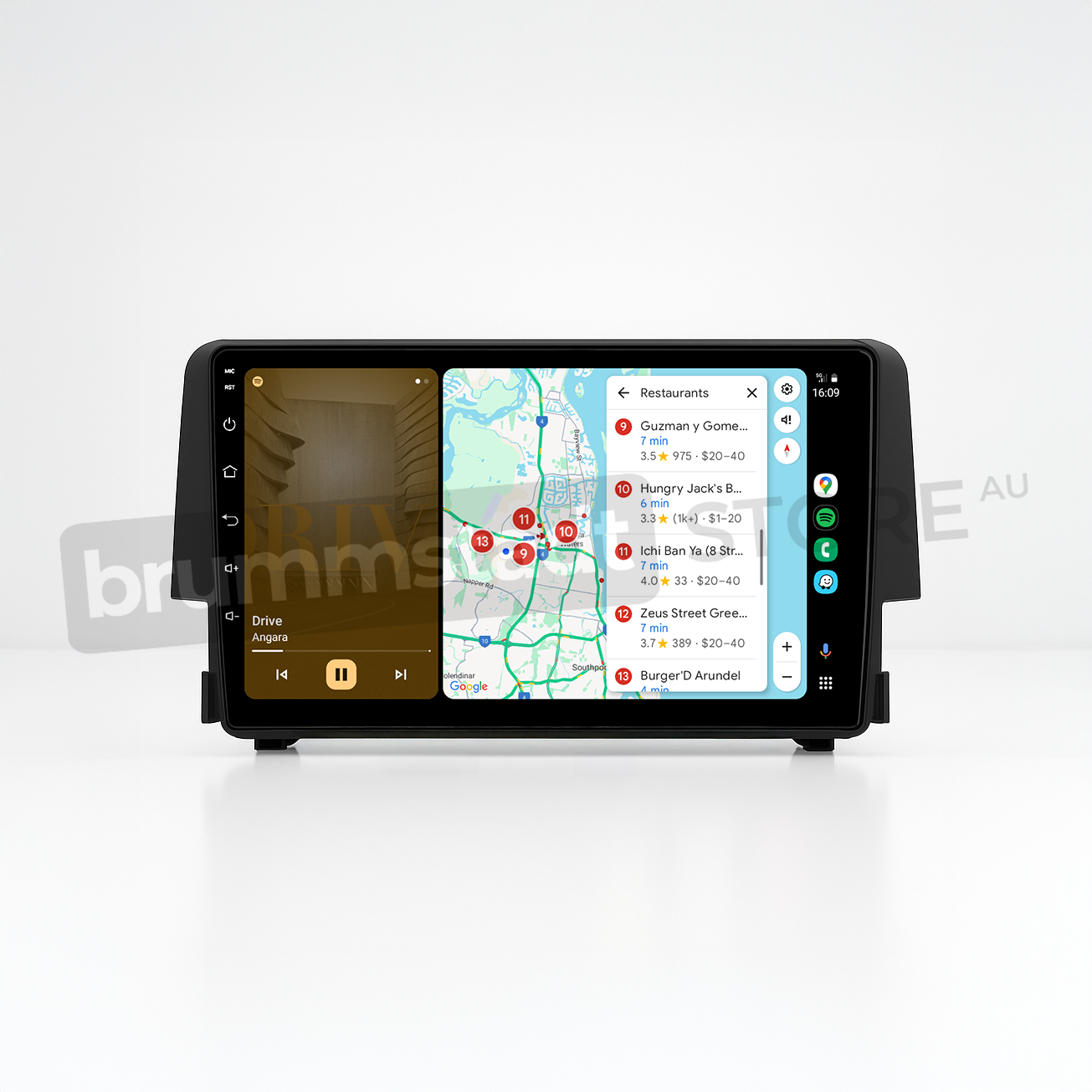 Brummstadt head unit for Honda Civic 2016-2018, featuring a black frame, touchscreen interface displaying Apple CarPlay with Google Maps, navigation for local restaurants, and music playback interface, providing easy access to maps and communication in Honda Civic vehicles.