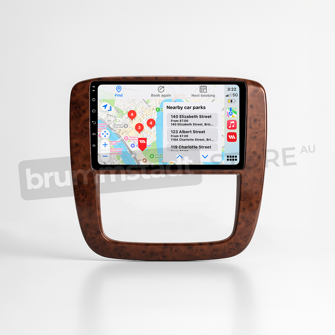 Brummstadt head unit for Chevrolet Silverado 2007-2013, wood grain finish, touchscreen interface with Apple CarPlay displaying Google Maps, WhatsApp, and nearby parking details, ideal for easy navigation and communication in Chevrolet Silverado vehicles.
