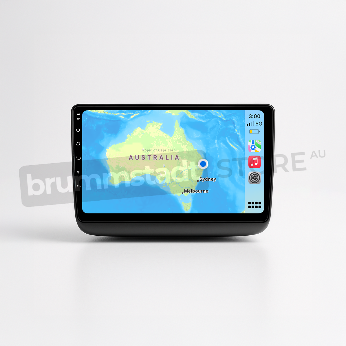 Brummstadt head unit for Jeep Grand Cherokee 2014-2022, sleek black frame, Apple CarPlay interface displaying Google Maps with a map of Australia, showing locations such as Sydney and Melbourne, touchscreen upgrade for navigation in Jeep Grand Cherokee vehicles.