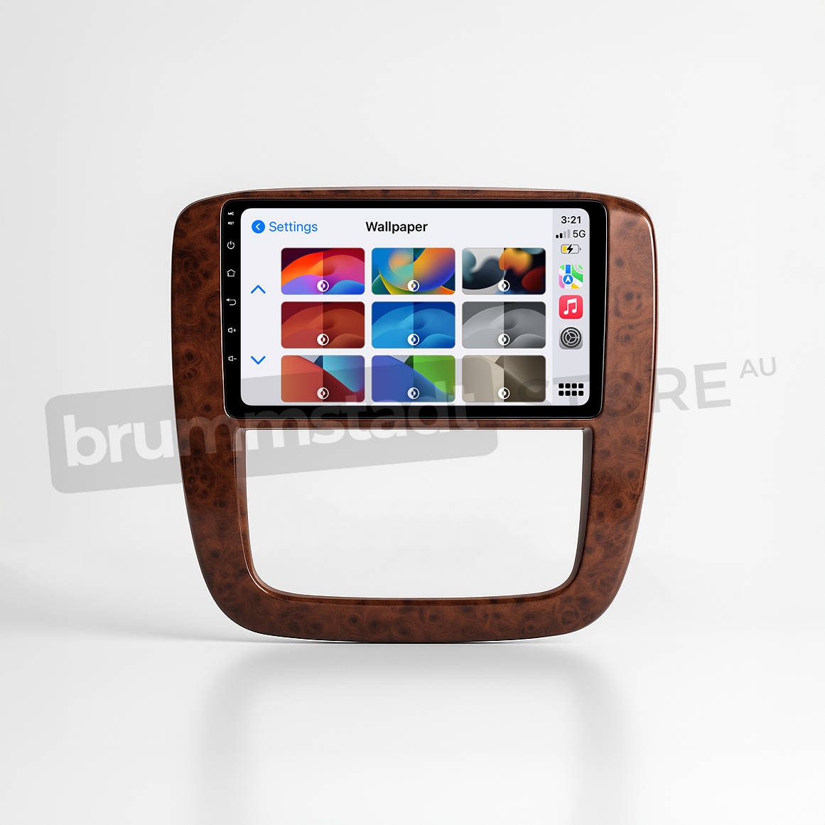 Brummstadt head unit for Chevrolet Silverado 2007-2013, featuring a brown wooden frame and a vibrant touchscreen interface. The screen displays Apple CarPlay settings with various wallpaper options, including recognisable icons and menus. The interface is designed for seamless integration in Chevrolet Silverado vehicles, enhancing navigation and media with apps like Google Maps and messaging features.