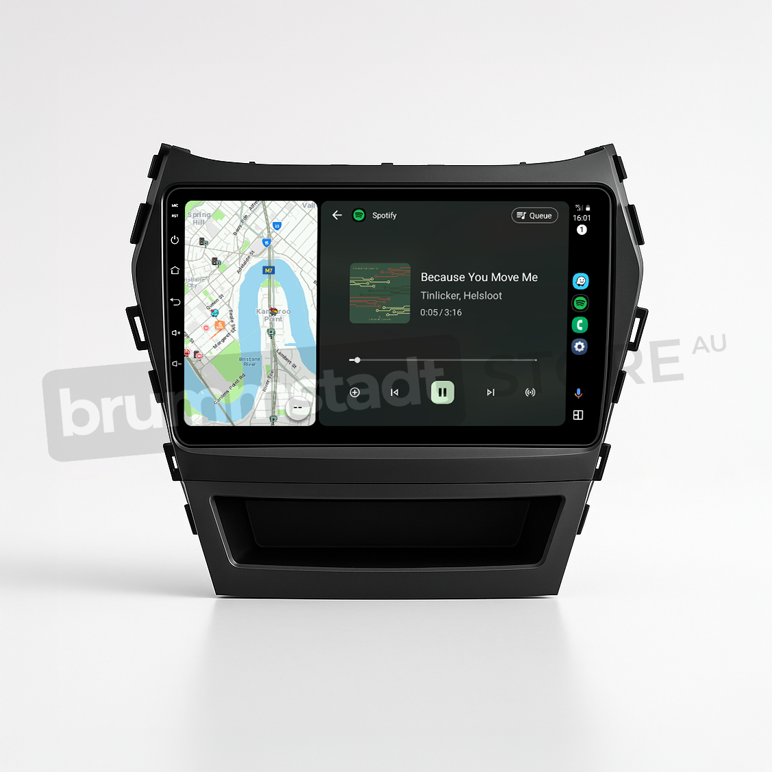 Brummstadt head unit for Hyundai Santa Fe 2013-2018, black frame with touchscreen displaying Apple CarPlay interface, showing Google Maps and Spotify apps, ideal for navigation and music, enhancing the infotainment experience in Hyundai Santa Fe vehicles.
