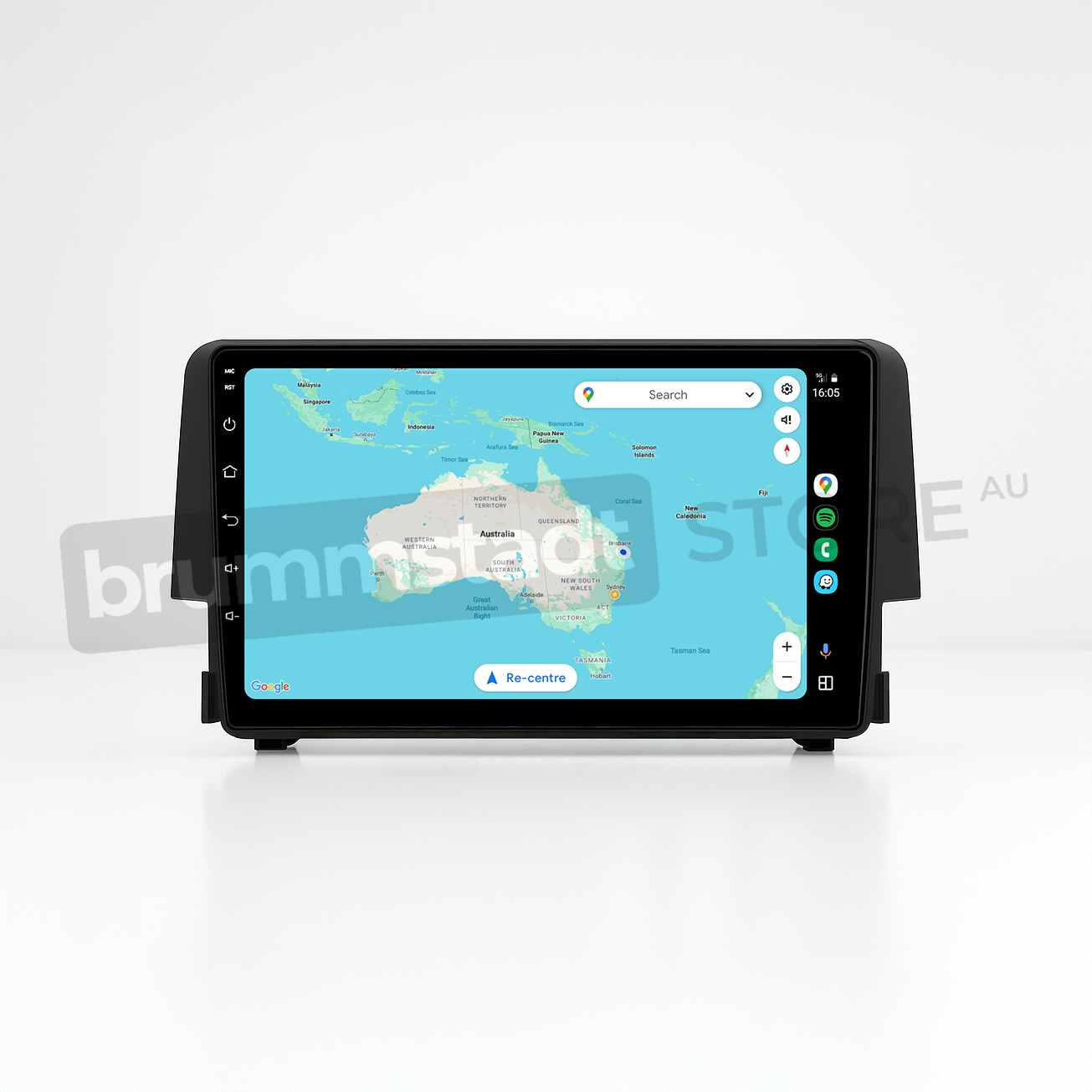 Brummstadt head unit for Honda Civic 2016-2018, black frame with capacitive controls, Android Auto interface displaying Google Maps with Australian map detail, including Sydney and Melbourne locations, touchscreen upgrade for navigation and communication apps in Honda Civic interiors.