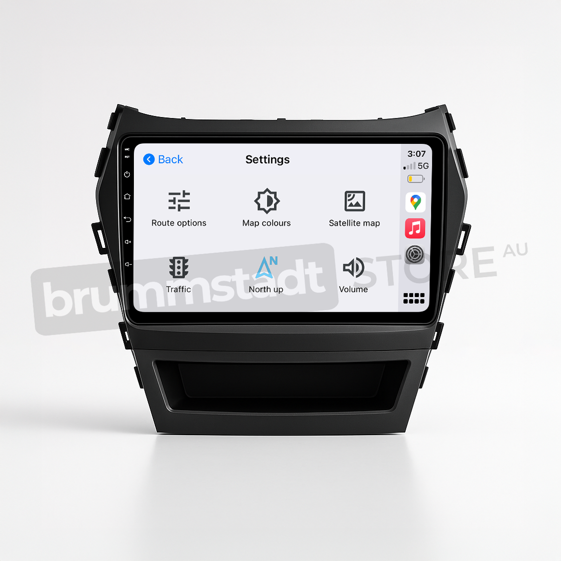 Brummstadt head unit for Hyundai Santa Fe 2013-2018, featuring a black frame with a capacitive touchscreen showing an Apple CarPlay interface. The interface displays icons for Settings, Traffic, Volume, and a map, indicating navigation capabilities. This head unit is an upgrade for navigation and communication in Hyundai Santa Fe vehicles, enhancing the driving experience with Apple CarPlay integration.