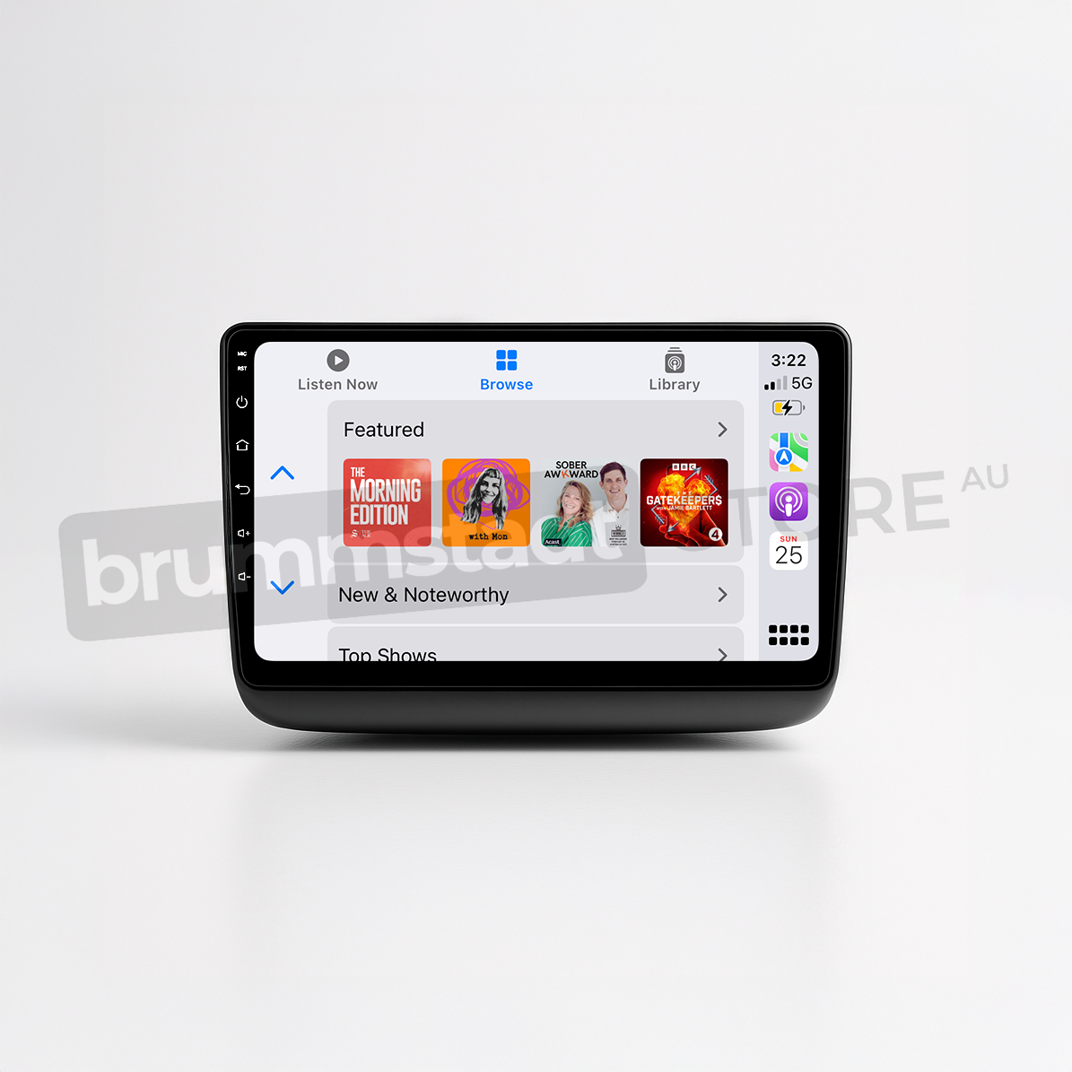 Brummstadt head unit for Jeep Grand Cherokee 2014-2022, sleek black frame, Apple CarPlay interface displaying features like Listen Now, Browse with icons for featured shows, and Library navigation, touchscreen designed for integration in Jeep Grand Cherokee vehicles.