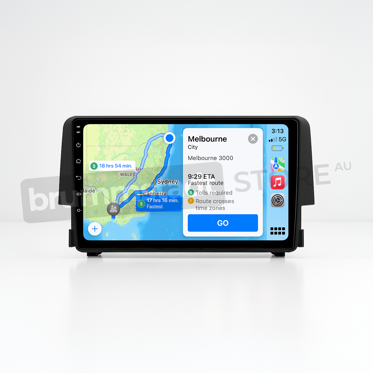 Brummstadt head unit for Honda Civic 2016-2018, sleek interface with Apple CarPlay displaying Google Maps with a route to Melbourne, including traffic details and estimated time of arrival, touchscreen with additional apps like WhatsApp visible, designed for enhancing navigation and communication in Honda Civic vehicles.
