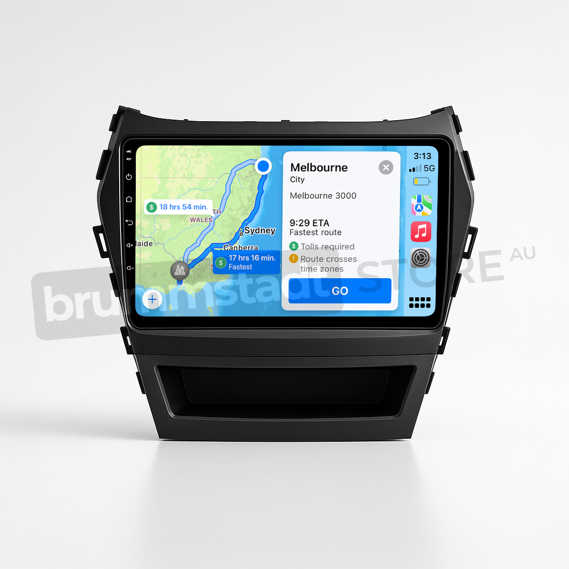 Brummstadt head unit for Hyundai Santa Fe 2013-2018, featuring a black frame and a touchscreen with Apple CarPlay interface displaying Google Maps, route details for Sydney to Melbourne, ETA, and route options, perfect for navigation and communication in Hyundai Santa Fe vehicles.