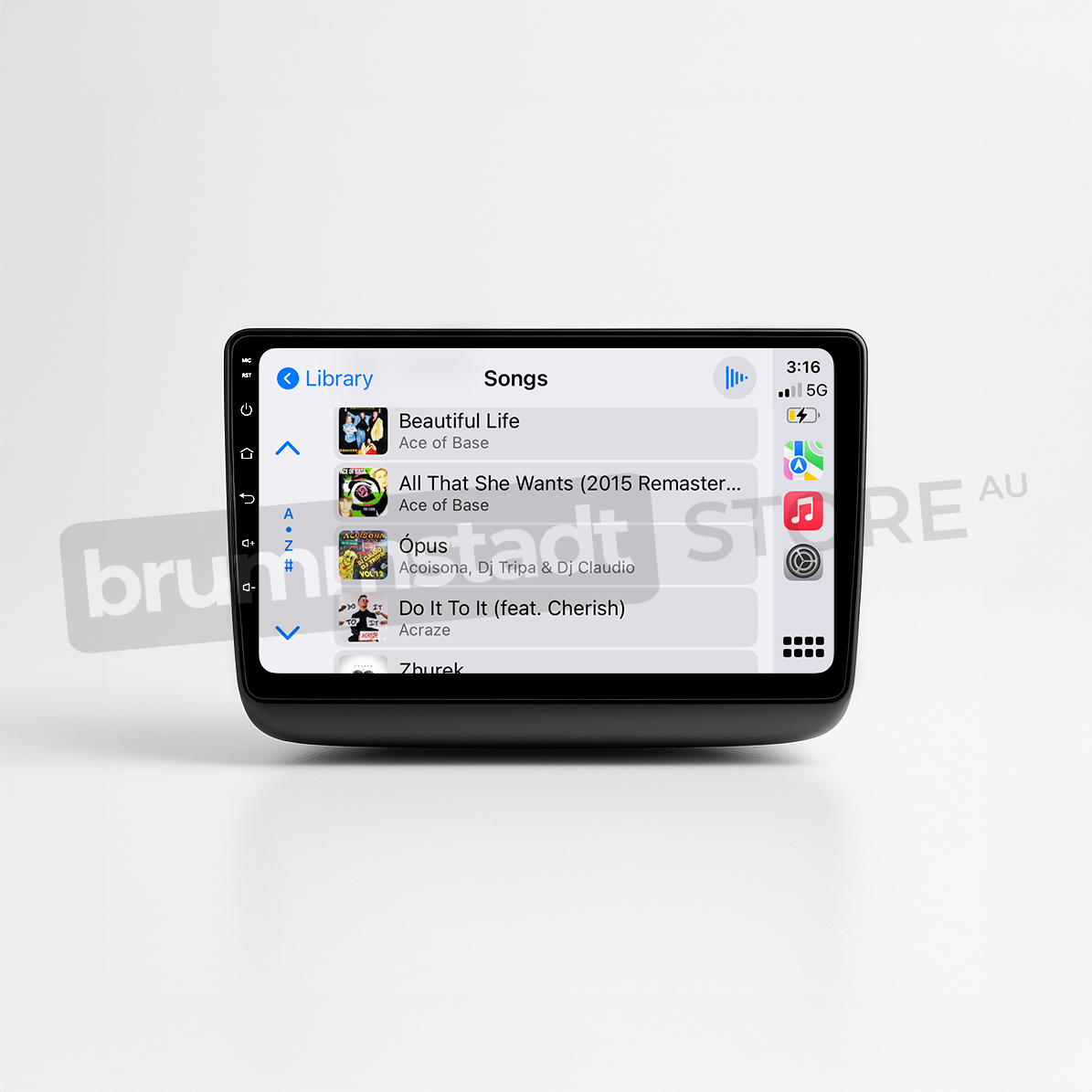 Brummstadt head unit for Jeep Grand Cherokee 2014-2022, featuring a black frame with a touchscreen displaying the Apple CarPlay interface, showing music library with apps for Songs, including Apple Music, designed for entertainment in Jeep Grand Cherokee vehicles.