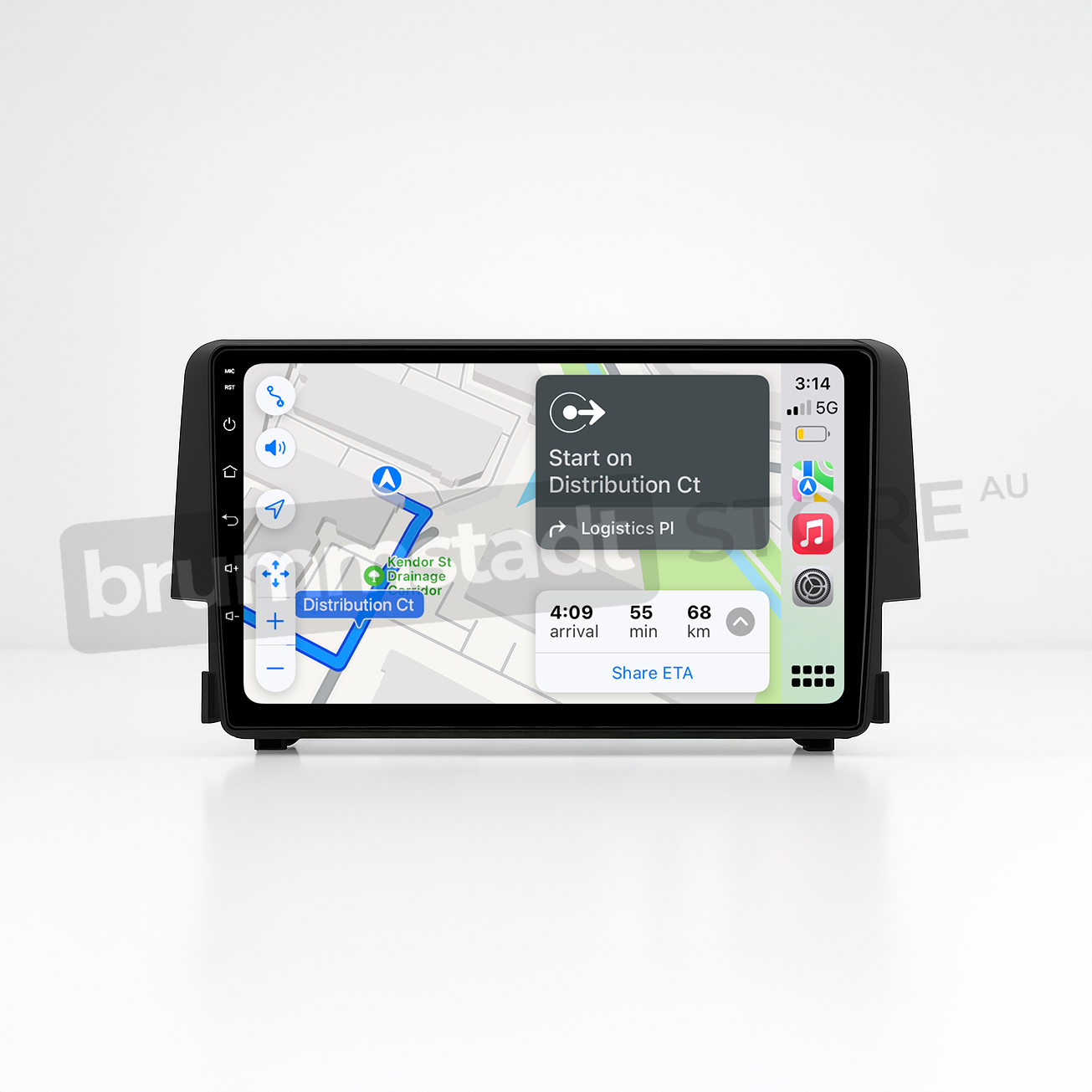 Brummstadt head unit for Honda Civic 2016-2018, featuring a black touchscreen interface displaying Apple CarPlay with Google Maps, including navigation to Distribution Ct, and estimated arrival time. It supports messaging apps and has capacitive touch controls for an enhanced driving experience in Honda Civic vehicles.
