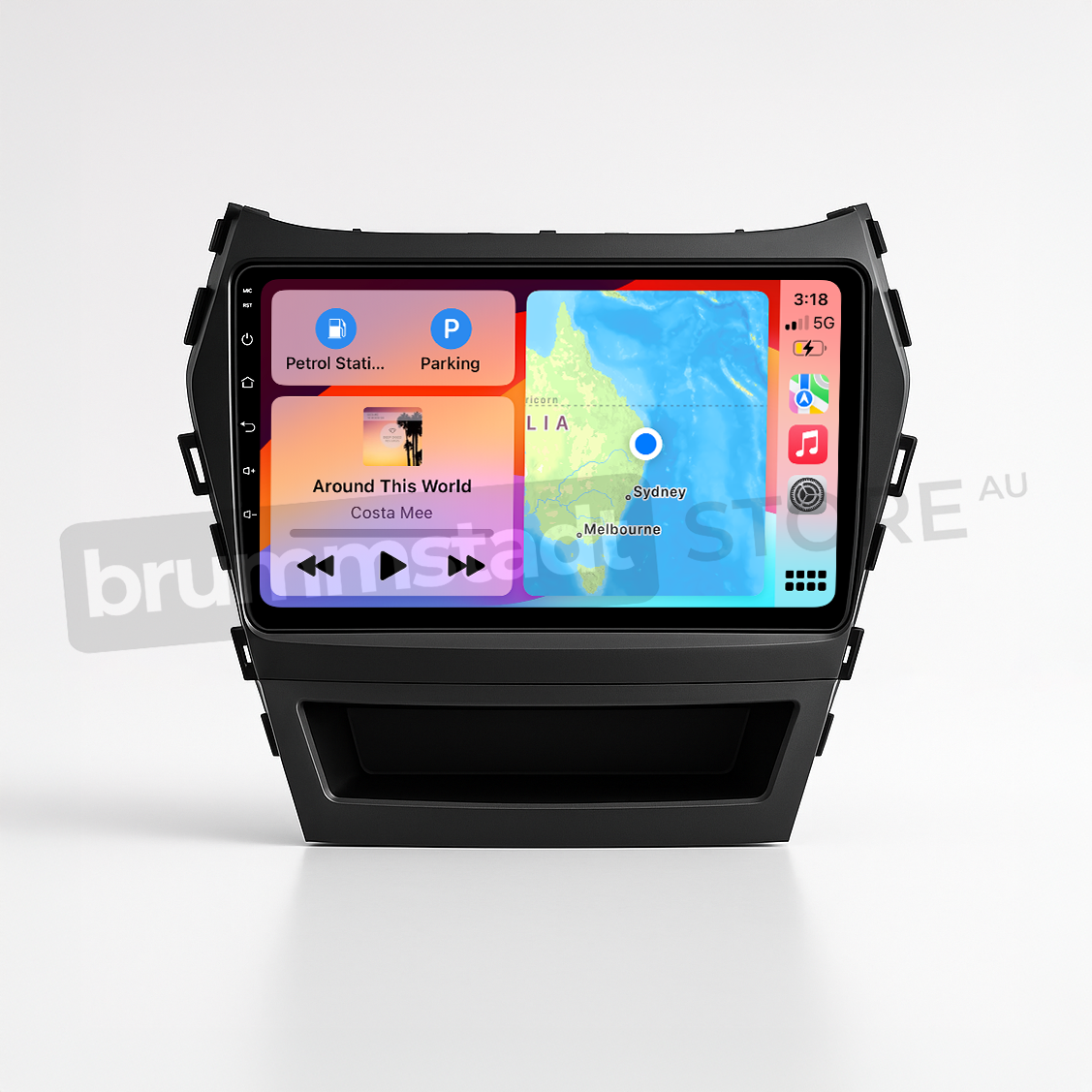 Brummstadt head unit for Hyundai Santa Fe 2013-2018, sleek design with a touchscreen showing Apple CarPlay interface, featuring Google Maps, WhatsApp, and music apps, navigation with Australian map highlighting Sydney, and music playing, enhancing connectivity in Hyundai Santa Fe vehicles.