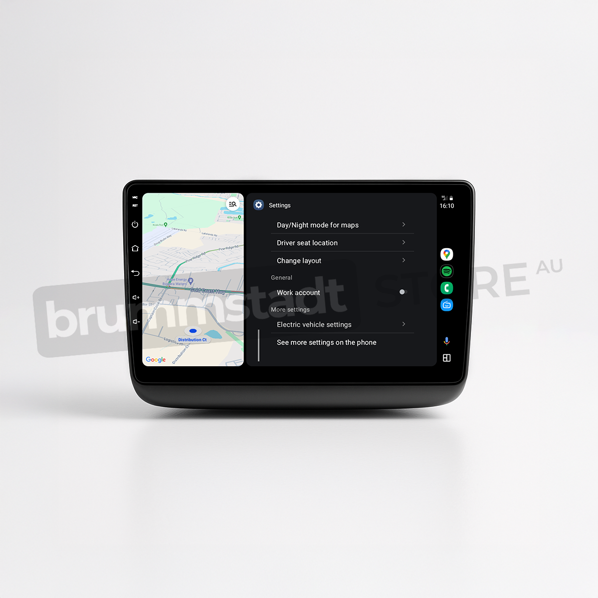 Brummstadt head unit for Jeep Grand Cherokee 2014-2022, black frame, Android Auto interface displaying Google Maps, settings menu, touchscreen for navigation and configurations in Jeep Grand Cherokee interiors.