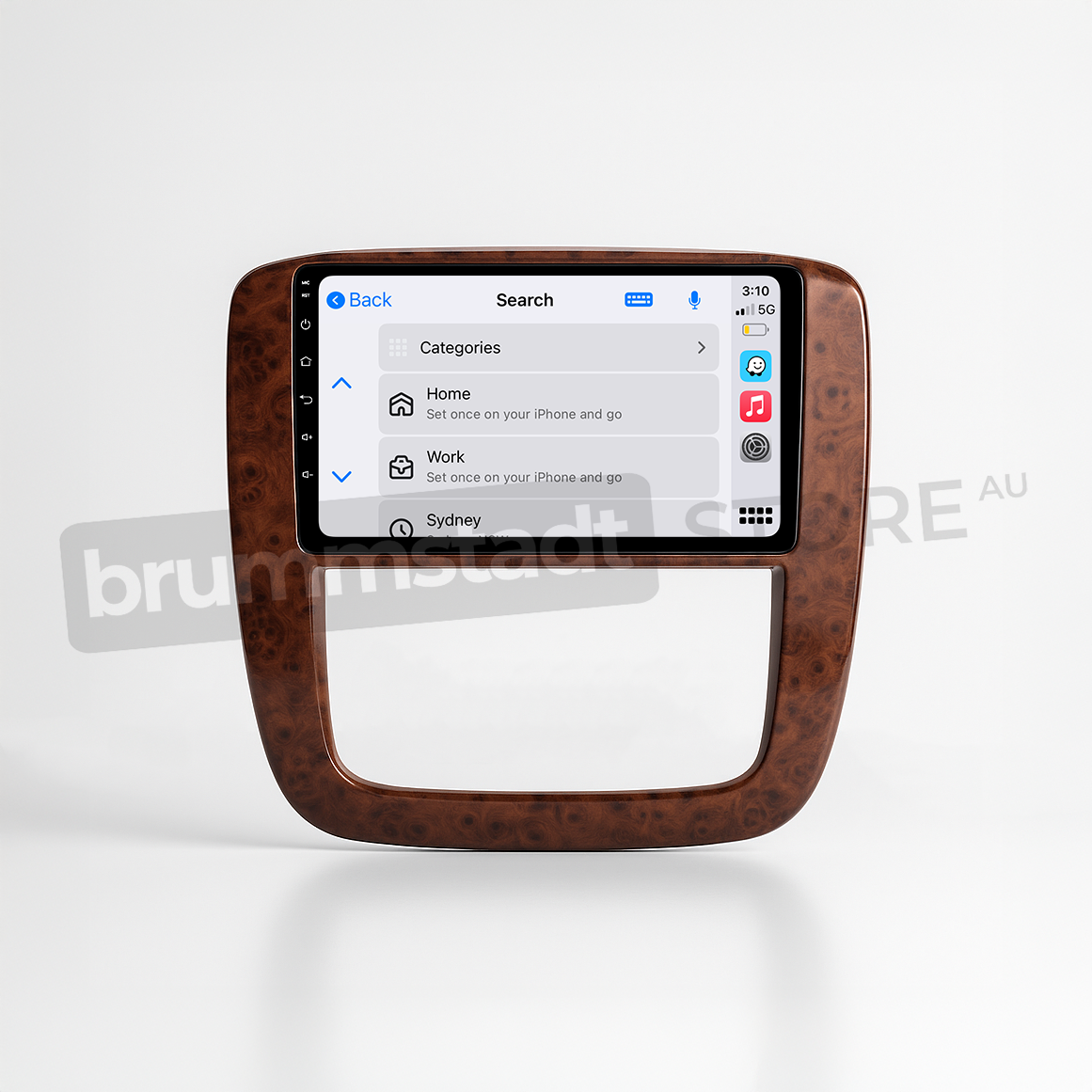 Brummstadt head unit for Chevrolet Silverado 2007-2013 with a premium wood grain finish, featuring an Apple CarPlay interface showing Google Maps, Home, and Work categories, touchscreen control for navigation and destination management in Chevrolet Silverado vehicles.