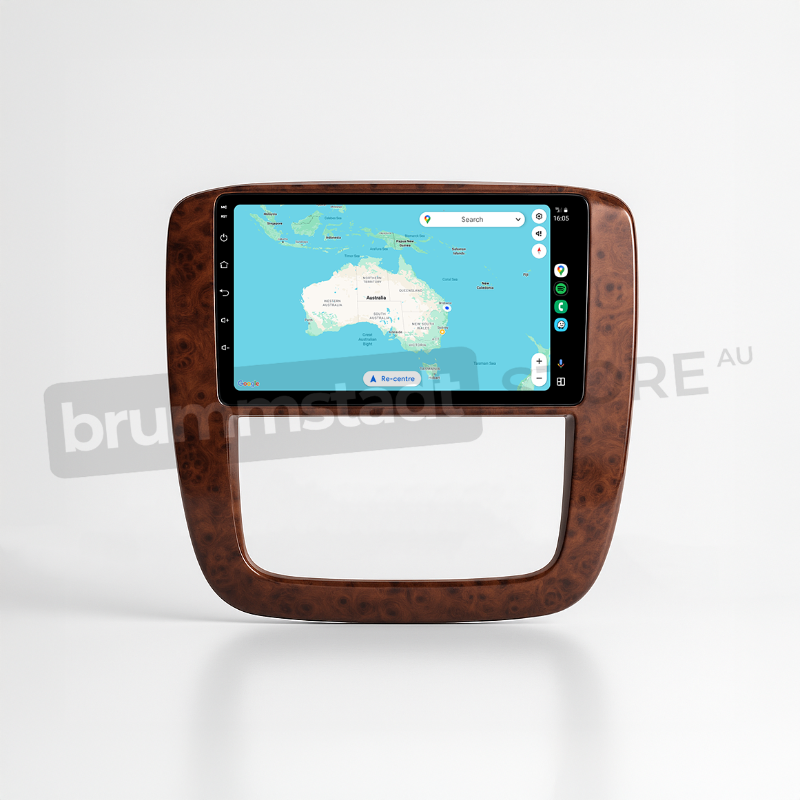 Brummstadt head unit for Chevrolet Silverado 2007-2013, featuring a stylish frame with a capacitive touchscreen displaying Apple CarPlay interface, showcasing Google Maps with an Australian map view, suitable for navigation in Sydney, Melbourne, and other Australian locations, providing a modern infotainment experience for Chevrolet Silverado owners.