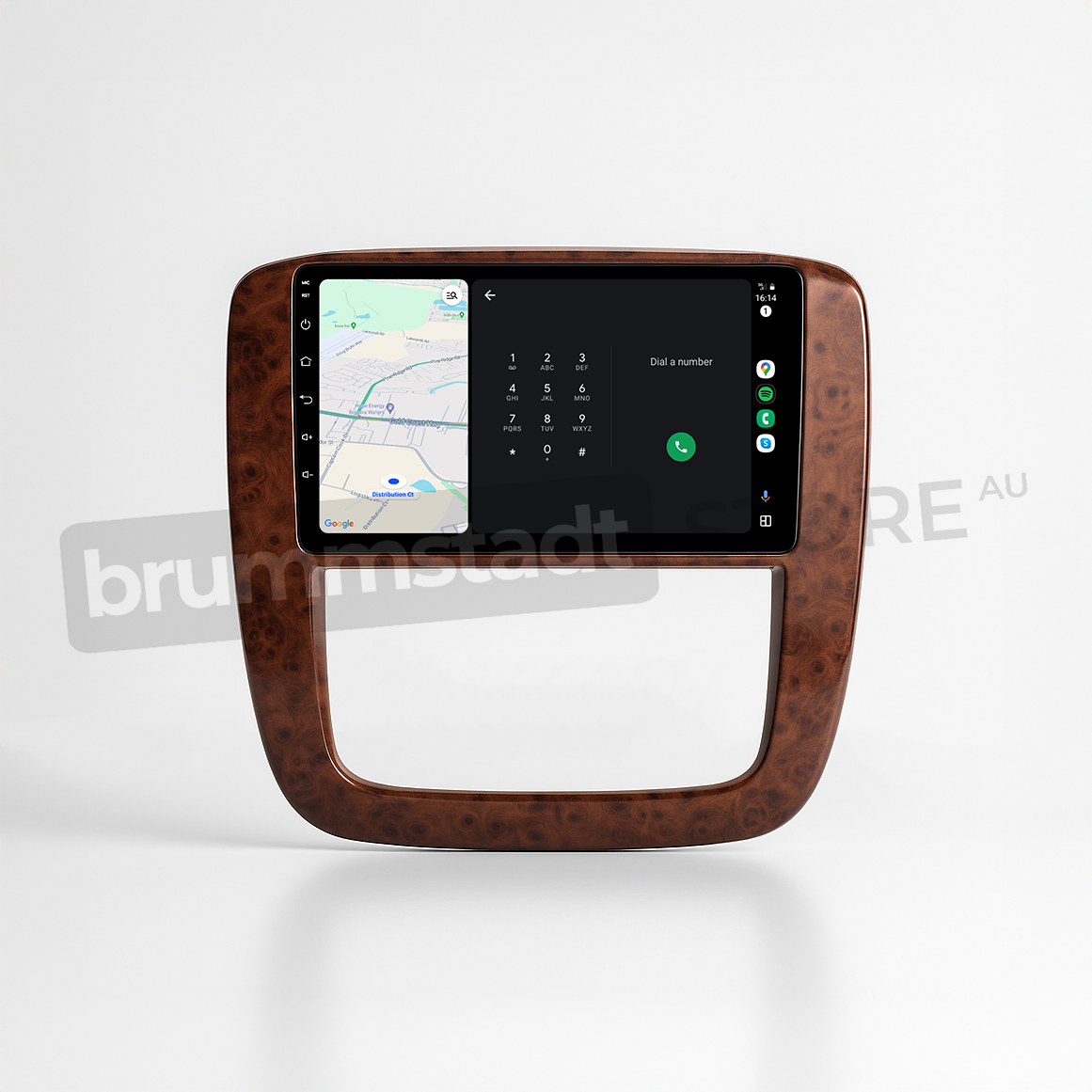 Brummstadt head unit for Chevrolet Silverado 2007-2013, featuring a wood-grain frame, a touchscreen interface with Apple CarPlay displaying Google Maps and a dialer, providing navigation and communication capabilities in Chevrolet Silverado vehicles.