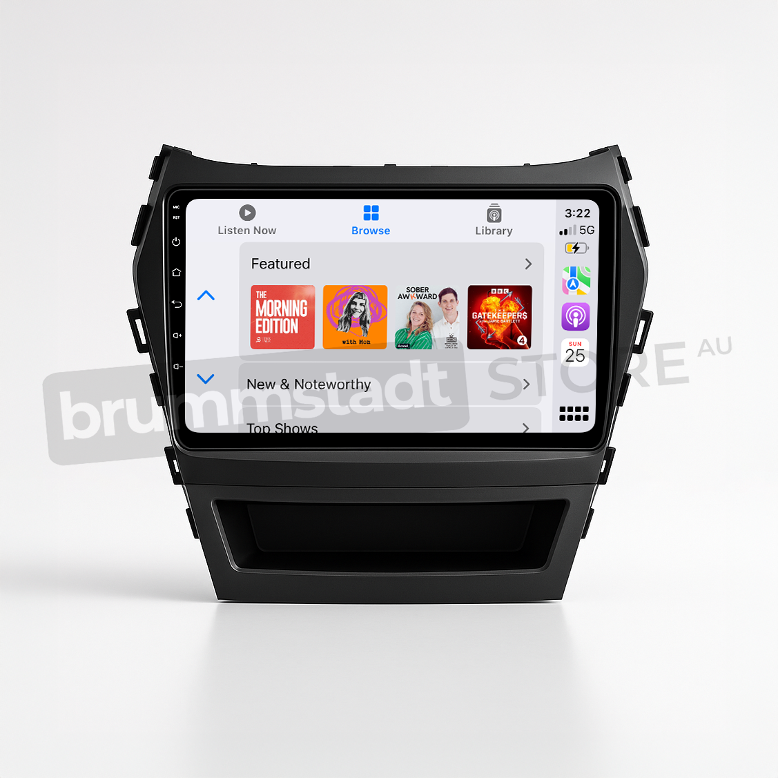 Brummstadt head unit for Hyundai Santa Fe 2013-2018 featuring a black frame with a touchscreen, showcasing Apple CarPlay interface with apps like Google Maps, Spotify, WhatsApp, and more, providing enhanced navigation and communication options for Hyundai Santa Fe users.
