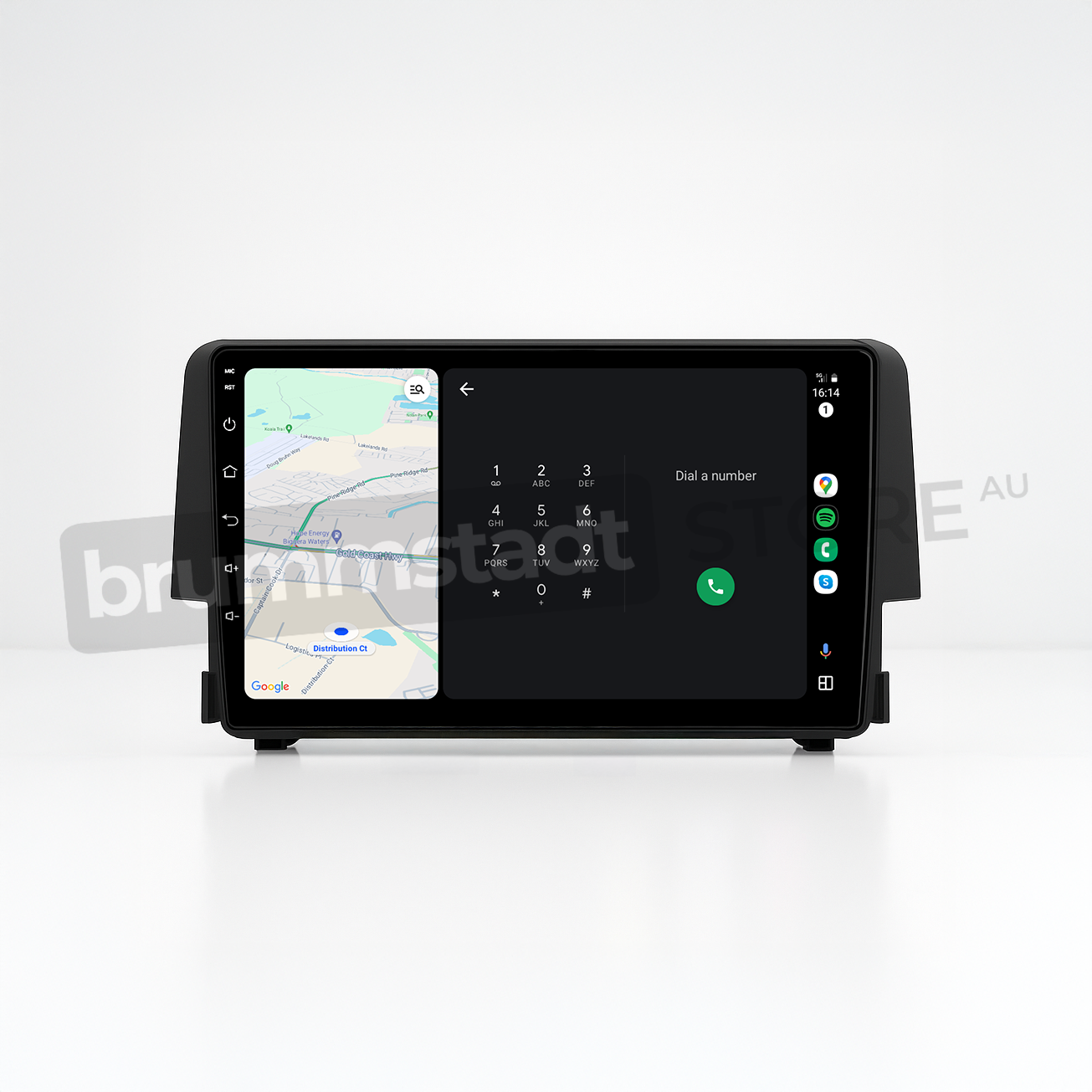 Brummstadt head unit for Honda Civic 2016-2018, black frame with visible controls, Apple CarPlay interface showing Google Maps and calling screen, touchscreen design for enhanced navigation and communication apps in Honda Civic vehicles.