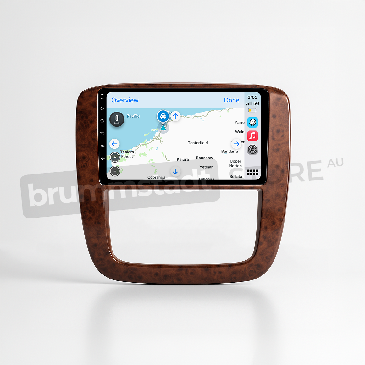 Brummstadt head unit for Chevrolet Silverado 2007-2013, brown frame, Apple CarPlay interface displaying Apple Maps, Weather, and Phone apps, touchscreen upgrade designed for enhanced navigation and communication in Chevrolet Silverado vehicles.