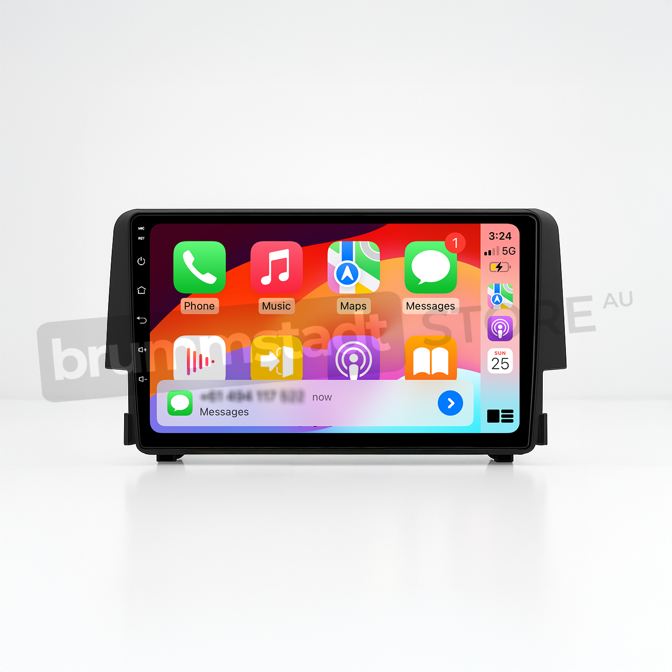Brummstadt head unit for Honda Civic 2016-2018, featuring a black frame and a responsive touchscreen, Apple CarPlay interface displaying apps like Phone, Music, Messages, Google Maps, and a weather icon, designed for navigation and communication in the Honda Civic with premium functionality.