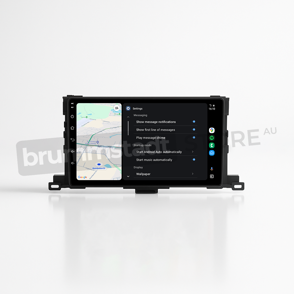 Brummstadt, Toyota Kluger 2014-2019, premium head unit, Apple CarPlay navigation interface, Android Auto screen, wired and wireless functionality, Google Maps routing, settings menu interface, touchscreen display, infotainment upgrade, multimedia system, Kluger dashboard enhancement, driver connectivity features, smartphone integration.