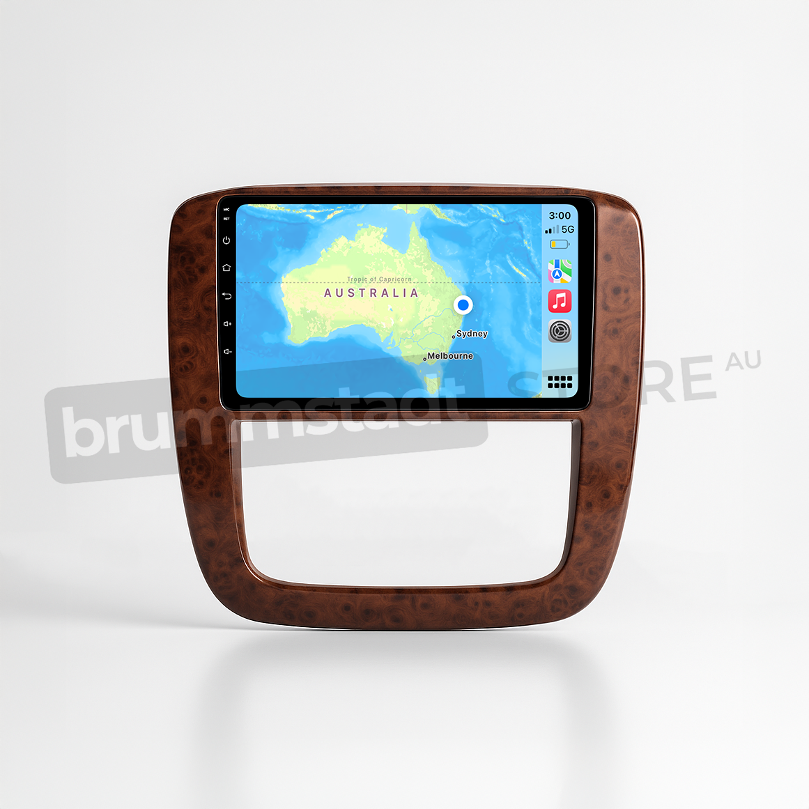 Brummstadt head unit for Chevrolet Silverado 2007-2013 with a glossy wood finish, featuring a touchscreen displaying the Apple CarPlay interface, showing a map of Australia with Melbourne marked, perfect for navigation, and including various app icons for music and messaging in the Silverado interior.