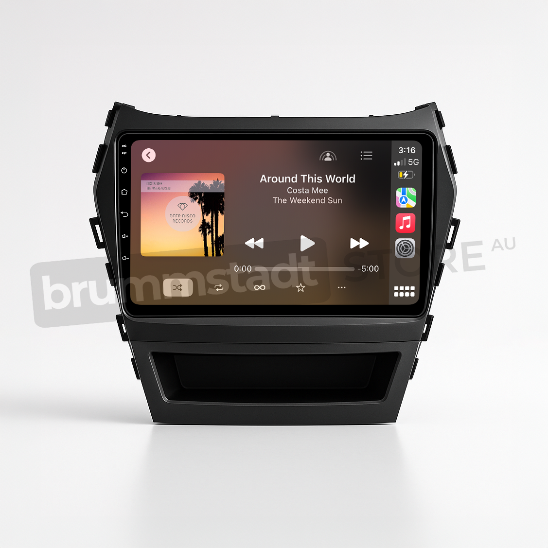 Brummstadt head unit for Hyundai Santa Fe 2013-2018, black frame with capacitive buttons, Apple CarPlay interface showing music app with album art, playing "Around This World" by Costa Mee, touchscreen designed for navigation and entertainment in Hyundai Santa Fe.