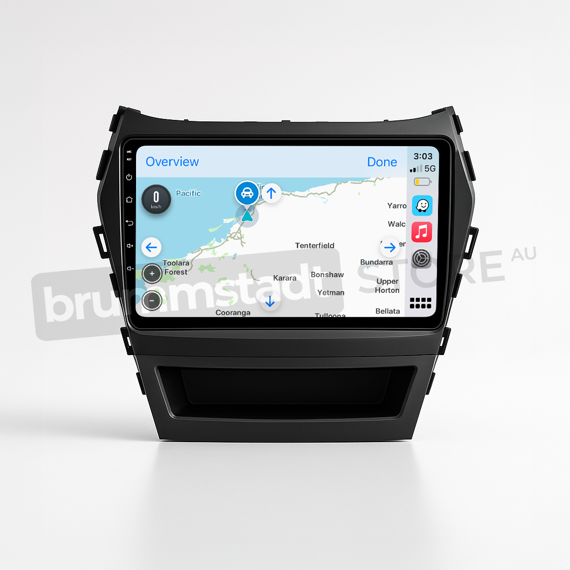 Brummstadt head unit for Hyundai Santa Fe 2013-2018, sleek black design, Apple CarPlay interface displaying Google Maps, music interface with album art, WhatsApp notifications, and navigation options, touchscreen providing access to various apps, upgrade for infotainment system in Hyundai Santa Fe vehicles.