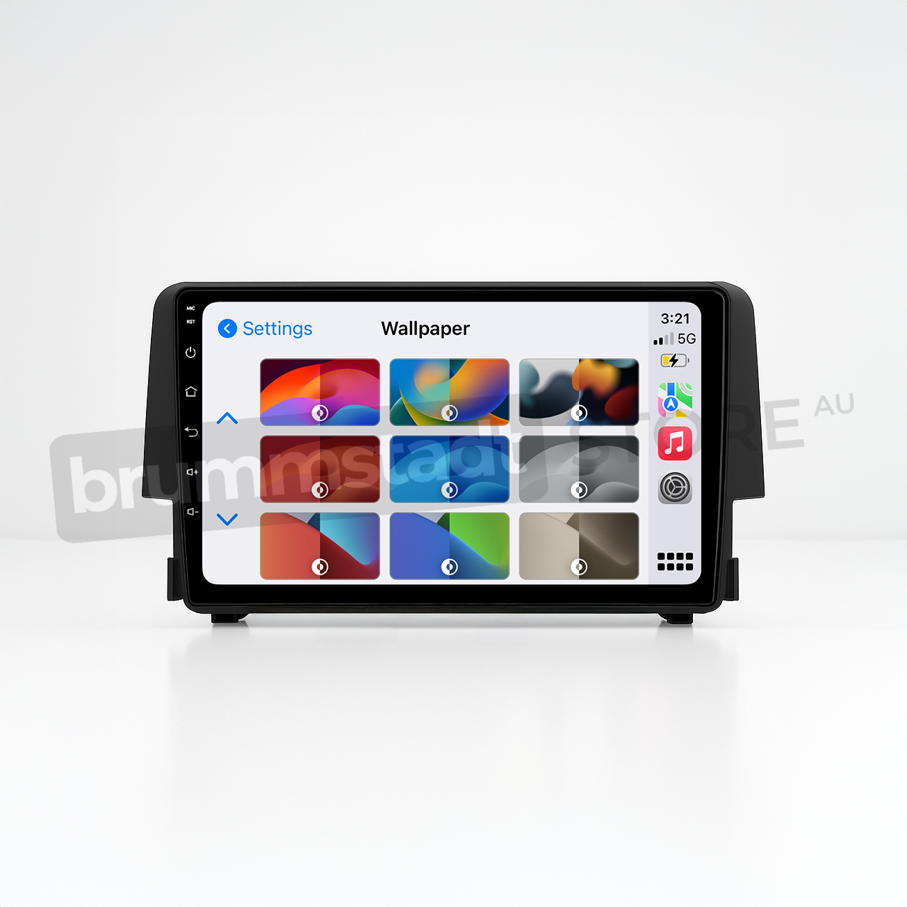 Brummstadt head unit for Honda Civic 2016-2018, featuring a sleek black frame and a vibrant touchscreen interface displaying Apple CarPlay with colorful wallpaper options. The interface includes recognizable apps like Google Maps and music. This head unit upgrade is designed for seamless integration in Honda Civic vehicles.