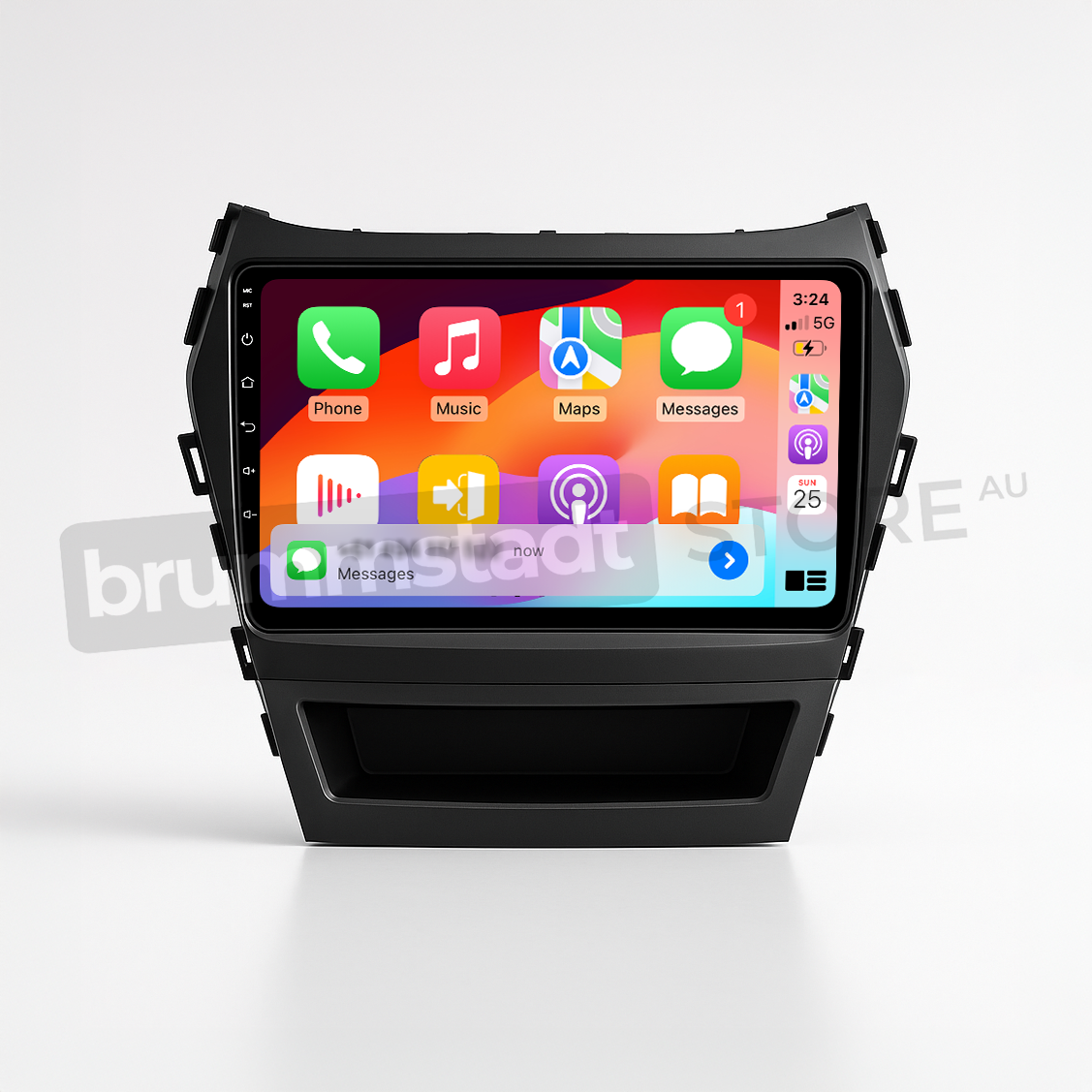 Brummstadt head unit for Hyundai Santa Fe 2013-2018, sleek black frame with a vibrant touchscreen interface, featuring Apple CarPlay showing Google Maps, Phone, Messages, and Weather apps, designed for enhanced navigation and communication in Hyundai Santa Fe vehicles.
