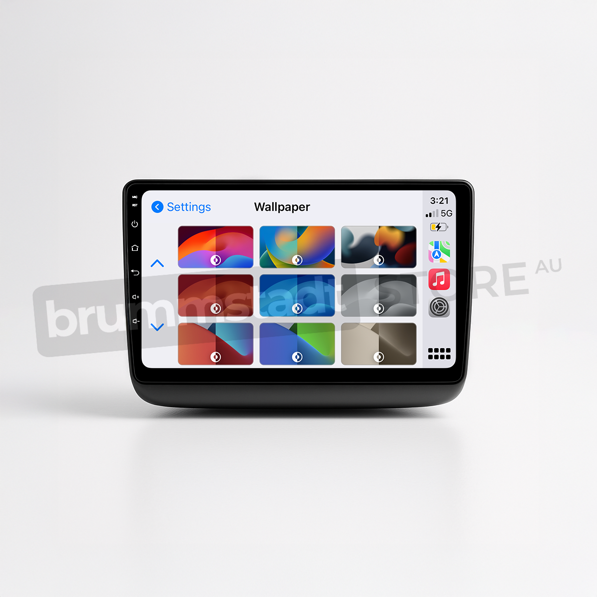 Brummstadt head unit for Jeep Grand Cherokee 2014-2022, featuring a sleek design, Apple CarPlay interface showing wallpaper options, and recognizable icons including Settings and Music apps, touchscreen upgrade for enhanced connectivity and navigation in Jeep Grand Cherokee vehicles.