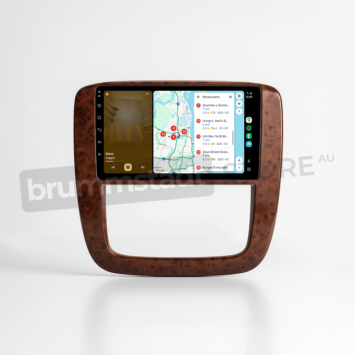 Brummstadt head unit for Chevrolet Silverado 2007-2013, featuring a brown wood finish, capacitive touchscreen showing Apple CarPlay interface with Google Maps, showing restaurants and a music player, navigation and streaming integration for Chevrolet Silverado users.