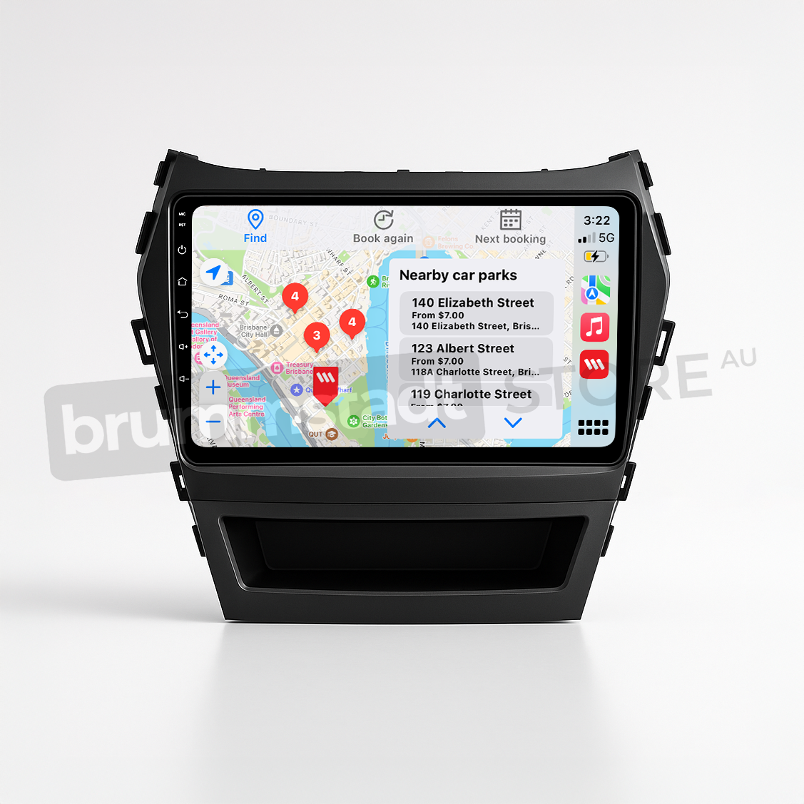 Brummstadt head unit for Hyundai Santa Fe 2013-2018, featuring a sleek design, touchscreen displaying Apple CarPlay interface with Google Maps and WhatsApp icons, providing navigation and messaging capabilities for easy access to nearby car parks and location information in Hyundai Santa Fe interiors.