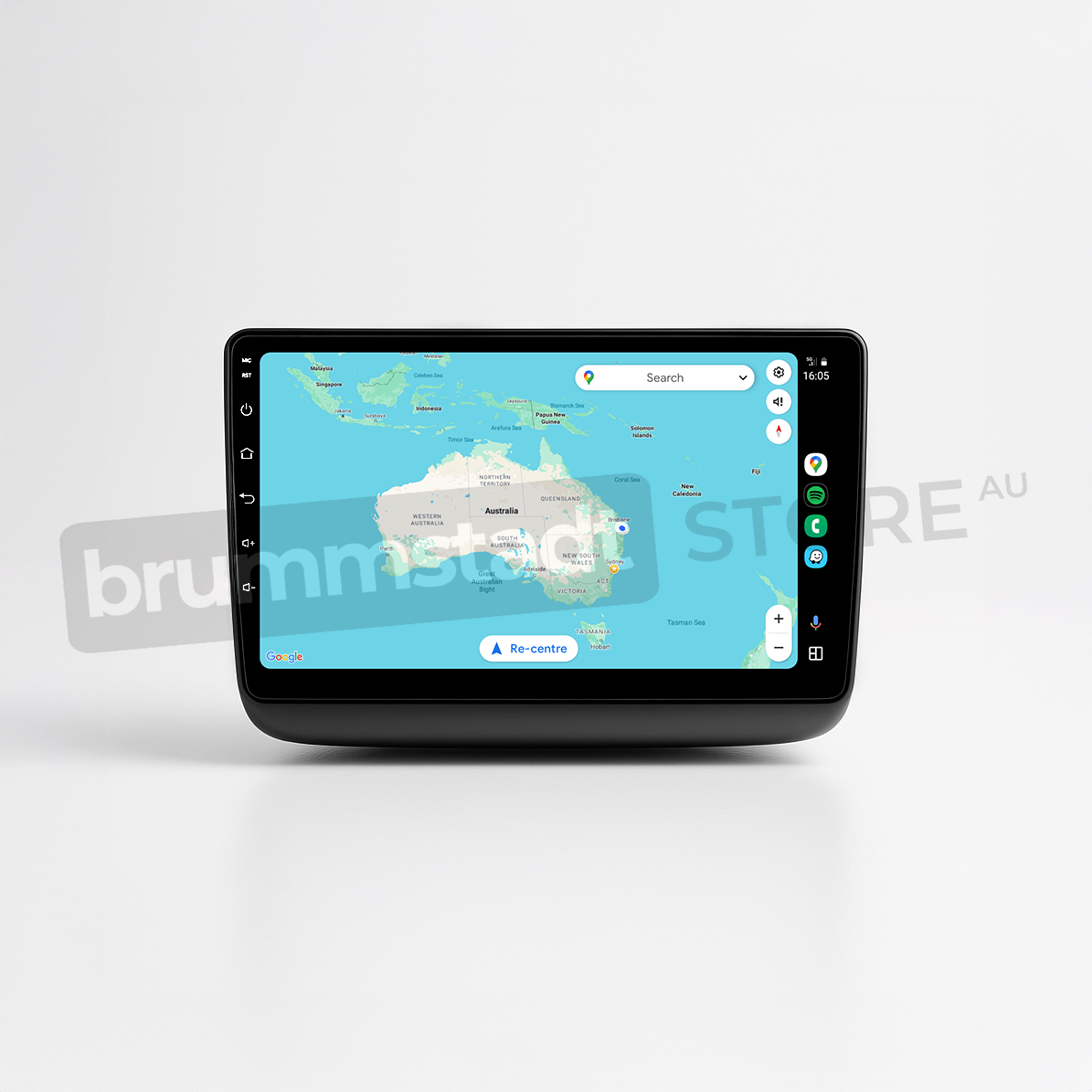 Brummstadt head unit for Jeep Grand Cherokee 2014-2022, featuring a black frame and a touchscreen displaying the Android Auto interface with Google Maps showing a map of Australia, providing navigation functionalities for enhanced driving experience in Jeep Grand Cherokee vehicles.