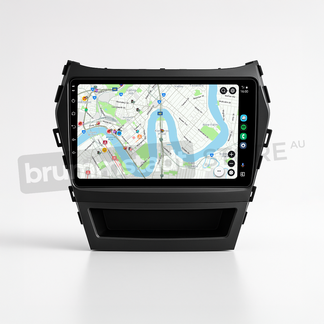 Brummstadt head unit for Hyundai Santa Fe 2013-2018, black frame with capacitive buttons, displaying Apple CarPlay interface with Google Maps, showing navigation for Sydney, Melbourne and other Australian locations, touchscreen upgrade designed for navigation and communication apps in Hyundai Santa Fe vehicles.