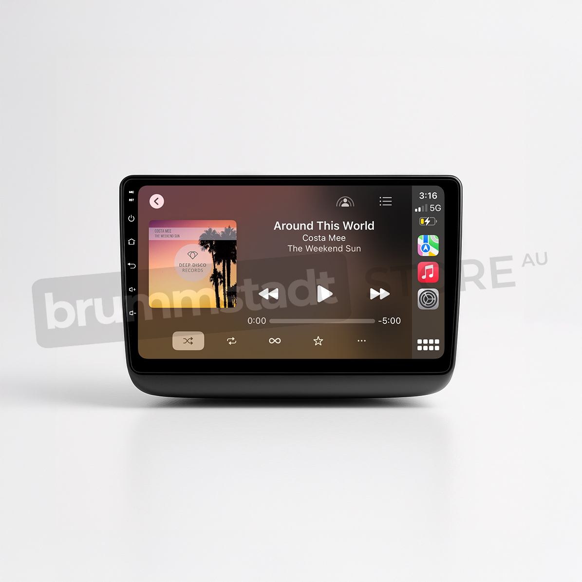 Brummstadt head unit for Jeep Grand Cherokee 2014-2022, black frame with touchscreen, Apple CarPlay interface showing music playback with album art and controls, designed for enhancing audio experiences in Jeep Grand Cherokee vehicles.