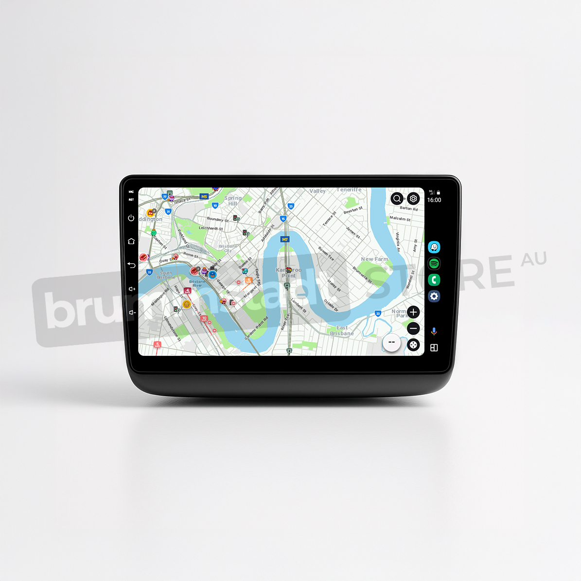 Brummstadt head unit for Jeep Grand Cherokee 2014-2022, sleek black design featuring a touchscreen interface showing Android Auto with Google Maps, navigation details, and various app icons including Waze and WhatsApp, designed for enhanced connectivity and navigation in Jeep Grand Cherokee models.