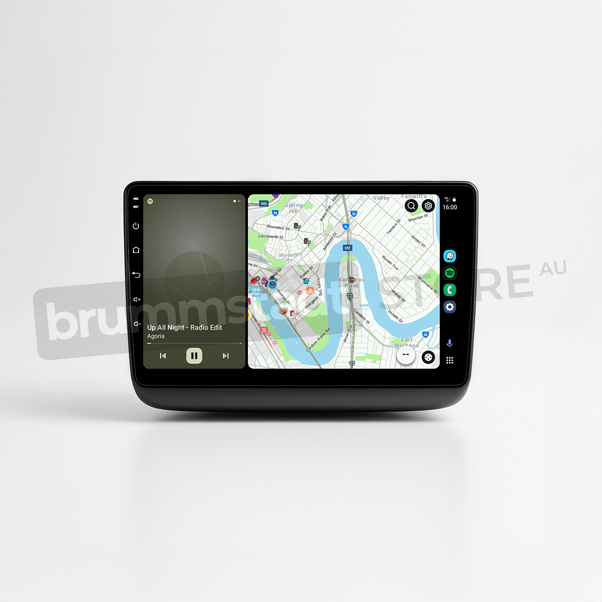 Brummstadt head unit for Jeep Grand Cherokee 2014-2022, black frame with large touchscreen, Android Auto interface displaying Google Maps and music controls, featuring recognizable app icons for navigation and media in Jeep Grand Cherokee interiors.