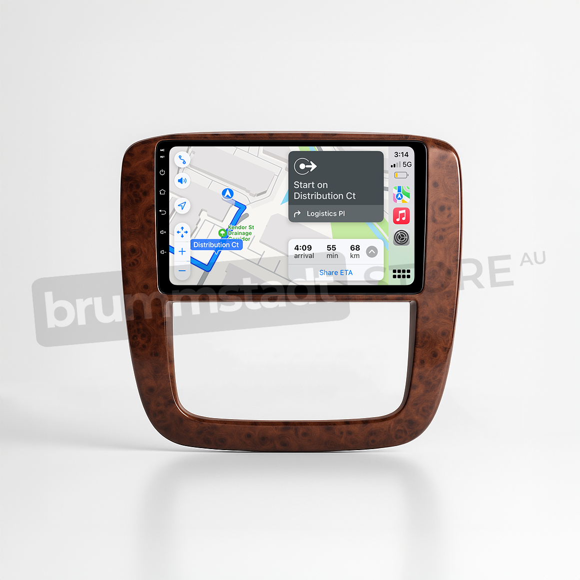 Brummstadt head unit for Chevrolet Silverado 2007-2013, wood finish frame, Apple CarPlay interface displaying Google Maps with navigation to Distribution Ct, touchscreen with shortcuts for phone calls and music apps, enhancing connectivity and convenience in Chevrolet Silverado interiors.