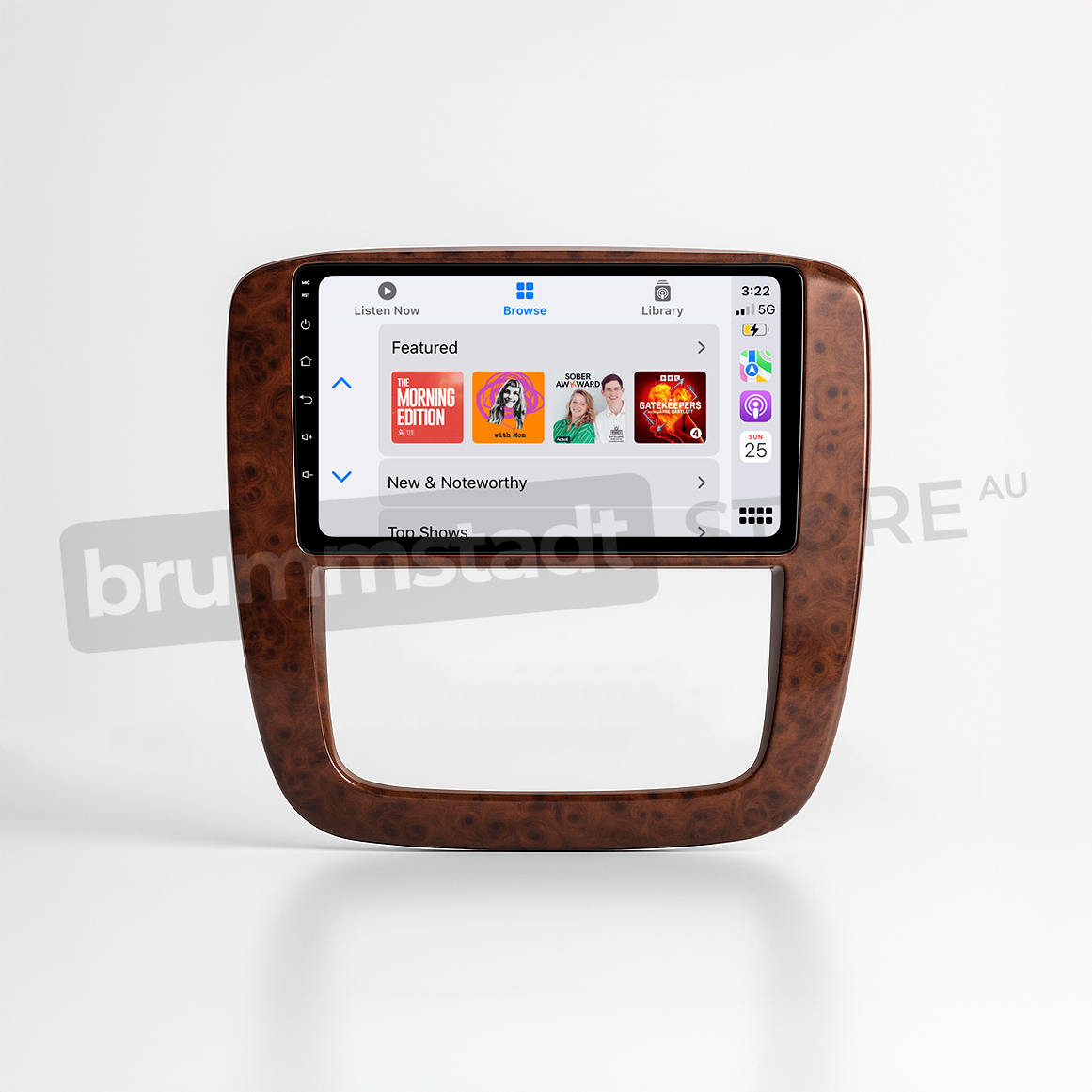 Brummstadt head unit for Chevrolet Silverado 2007-2013, featuring a stylish wood finish frame, Apple CarPlay interface displaying music apps including Spotify, library access for playlists, touchscreen upgrade for enhanced audio control and smart features in Chevrolet Silverado interiors.