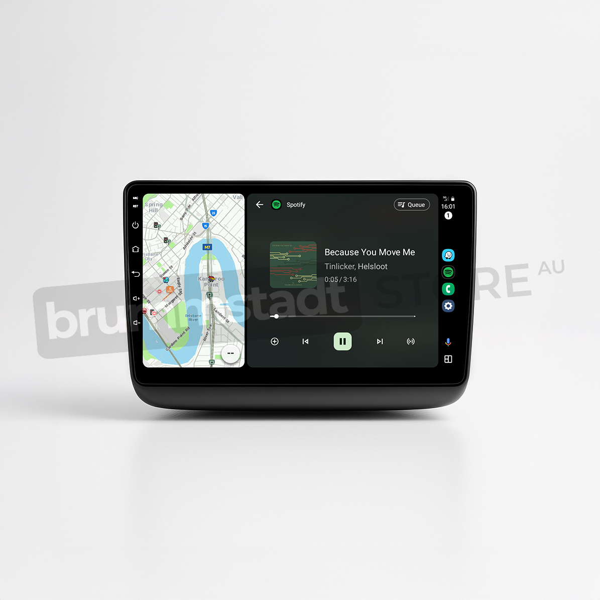 Brummstadt head unit for Jeep Grand Cherokee 2014-2022, black frame with a capacitive touchscreen, Android Auto interface displaying Google Maps on the left and Spotify on the right, including playback controls and additional shortcut buttons, designed for navigation and music streaming in Jeep Grand Cherokee interiors.