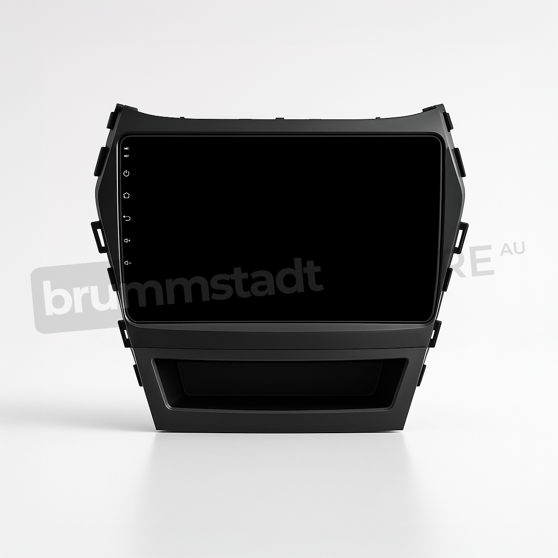 Brummstadt head unit for Hyundai Santa Fe 2013-2018, black frame with a blank capacitive touchscreen and vertical shortcut buttons for Home, Back, Volume, and Menu, designed for integration in Hyundai Santa Fe vehicles.