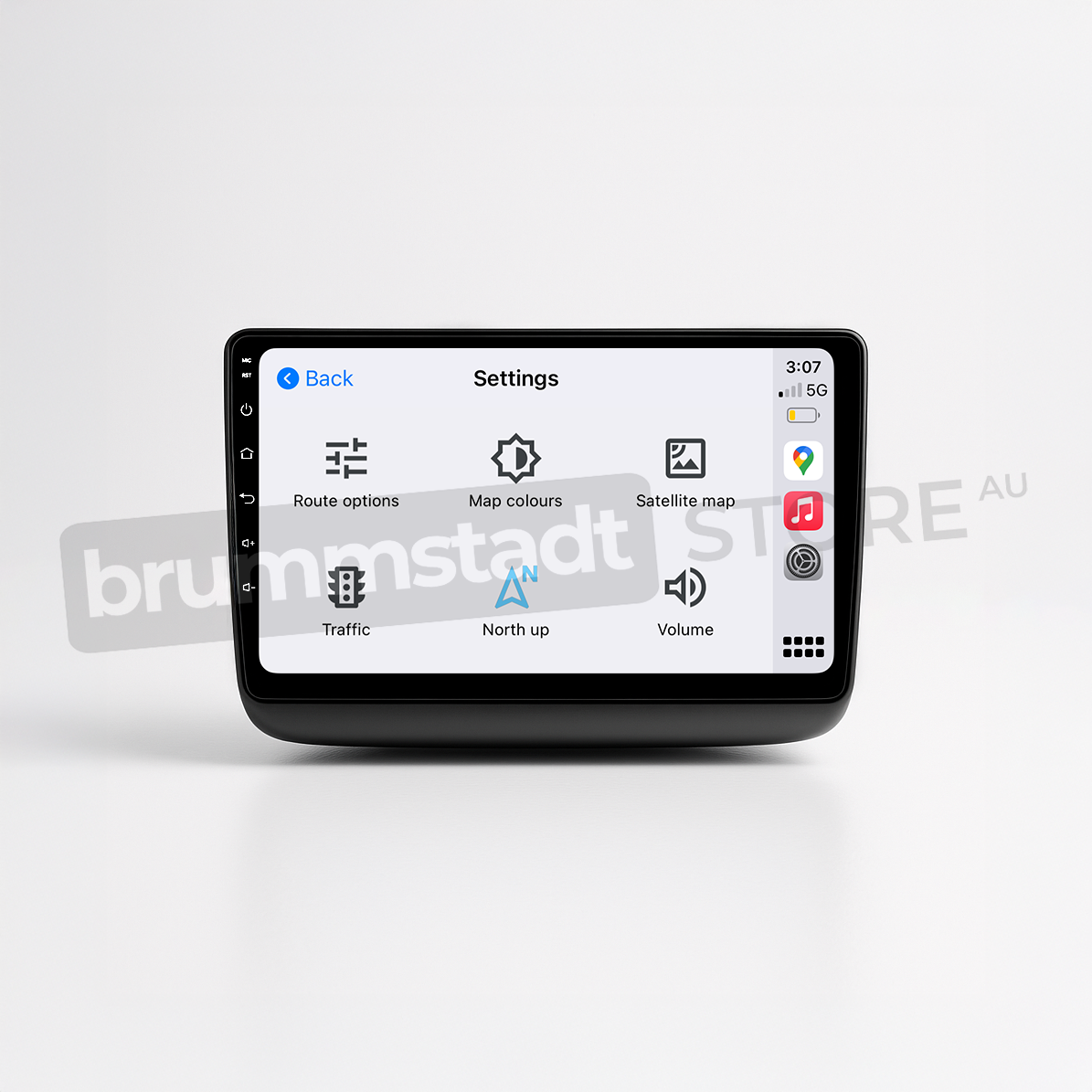 Brummstadt head unit for Jeep Grand Cherokee 2014-2022, black frame, Android Auto interface showing Settings menu with icons for Route Options, Map Colours, Satellite Map, Traffic, Volume, and Back navigation, touchscreen upgrade for enhanced driving experience in Jeep Grand Cherokee vehicles.