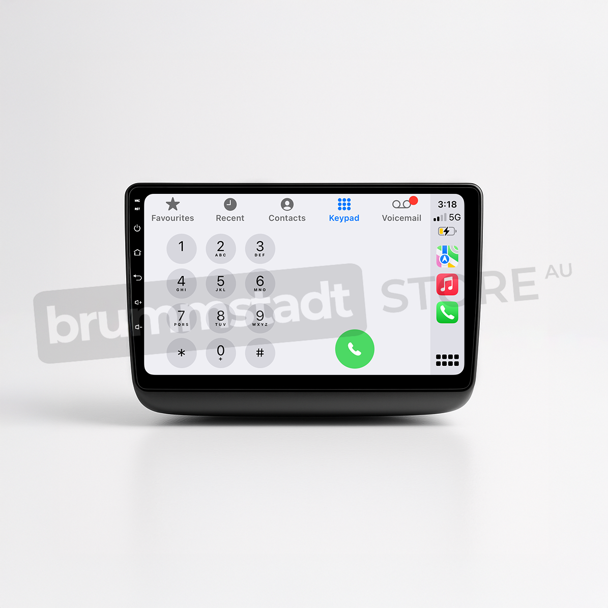 Brummstadt head unit for Jeep Grand Cherokee 2014-2022, black frame with capacitive touch buttons, Apple CarPlay interface showcasing a keypad with contacts and recent calls, also displaying app icons like Phone and Voicemail, touchscreen designed for seamless phone integration in Jeep Grand Cherokee vehicles.