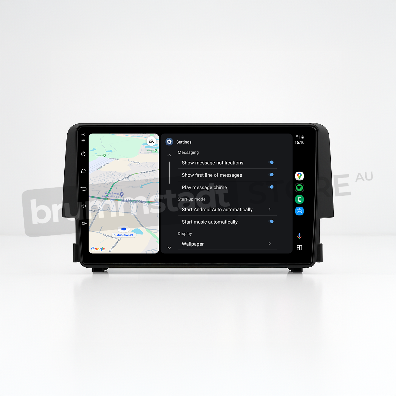 Brummstadt head unit for Honda Civic 2016-2018, featuring a black frame and responsive touchscreen interface, currently displaying the Android Auto interface with Google Maps, Messages, and settings options, allowing for navigation and messaging in Honda Civic models.