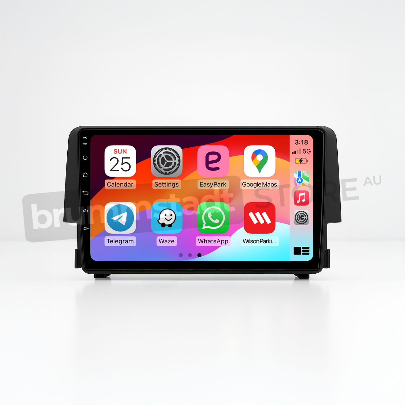 Brummstadt head unit for Honda Civic 2016-2018, black frame, touchscreen displaying Apple CarPlay interface with Google Maps, Waze, Telegram, WhatsApp, and EasyPark apps, designed for seamless navigation and communication in Honda Civic vehicles.